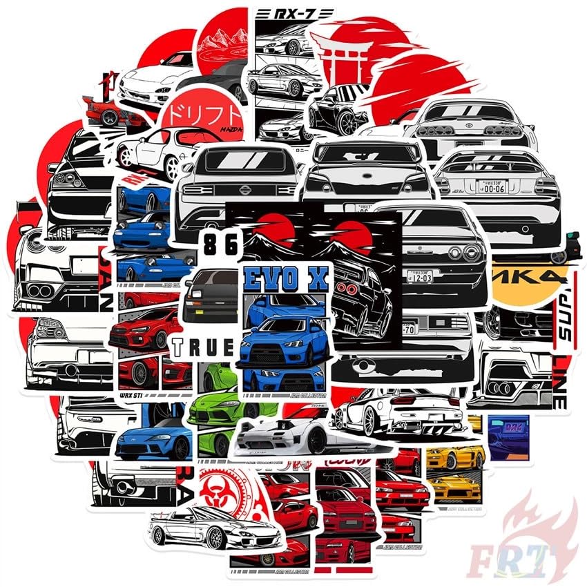 Image of 50+pcs JDM Cars Stickers for Laptop, Journal, Bike Helmet, Diary, Guitar, Mobile Case - Waterproof Residue Free Stickers - Racing Cars