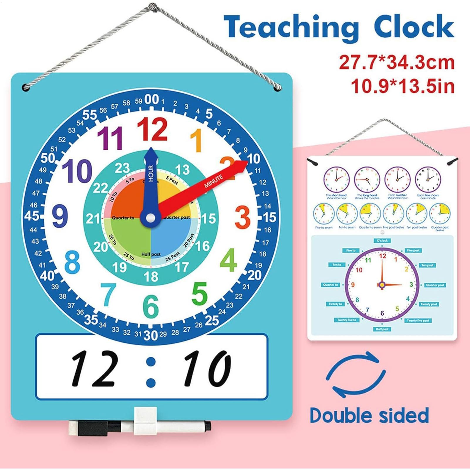 Orologio didattico - Orologio didattico, apprendimento educativo per bambini | Strumento per esercitarsi sul doppio lato con area di scrittura cancellabile a secco, risorsa educativa in stile p