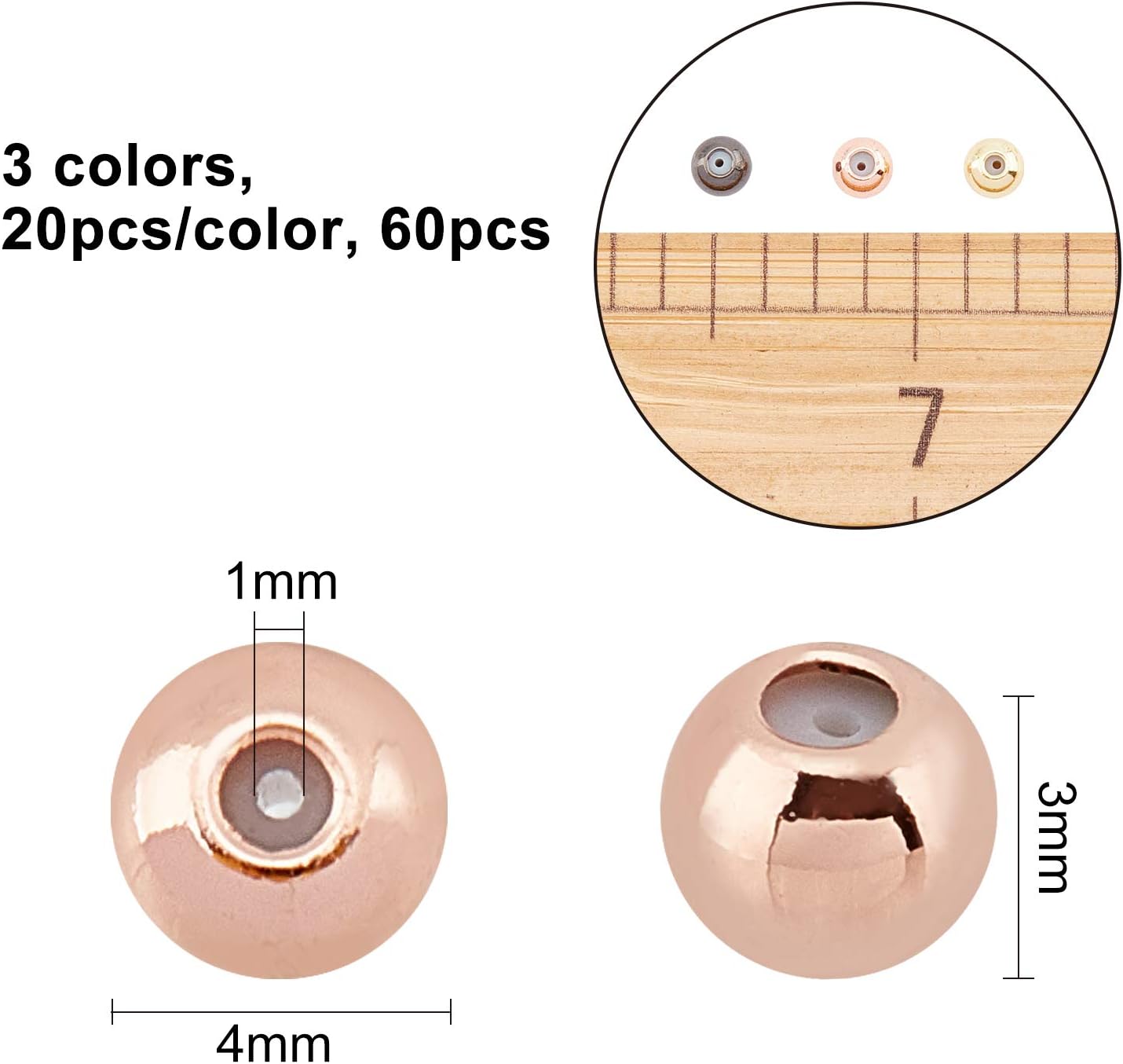 SUPERFINDINGS 60Pcs 4mm Stopper Beads Brass Round Rubber Beads 3 Colors Slider Beads Insert Rubber Stopper Positioning Spacer Beads for DIY Crafts Jewelry Making,Hole:1mm - Image 2