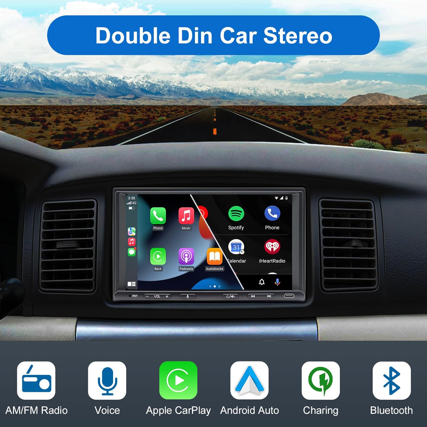 Double Din Car Stereo features including AM/FM Radio, Voice, Apple CarPlay, Android Auto, Charging, Bluetooth
