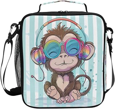 Cute Monkey Sunglasses Headphones Lunch Box for Girls Boys Insulated Lunch Bag with Adjustable Shoulder Strap Kids Thermal Tote Bags Cooler School Travel Picnic