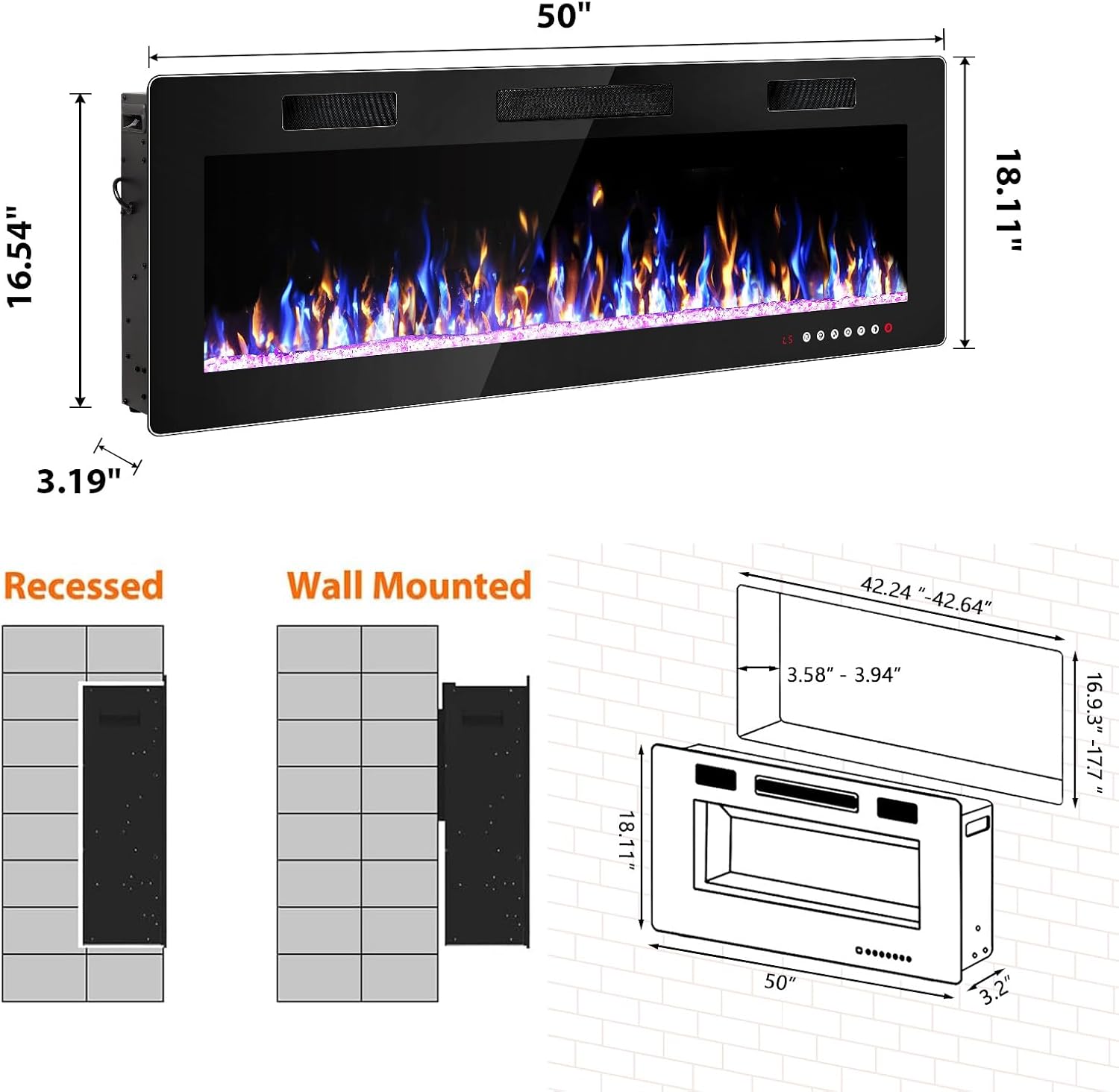 50 Inch Electric Fireplace, Ultra Thin Fire Places Electric Fireplace Inserts Recessed and Wall Mounted with Remote Control & Touch Screen, 750W/1500W Fireplace Electric Heater with Timer, Multi-Flame