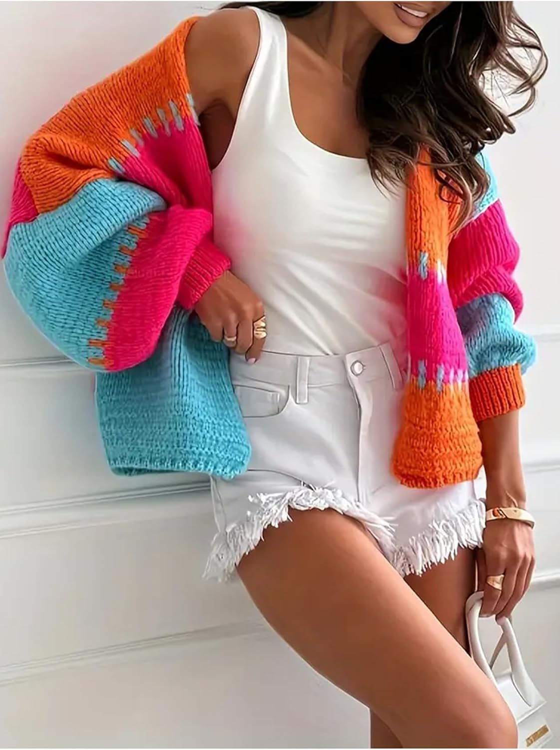 DINGANG Women's Color Block Cardigan Sweater Long Lantern Sleeve Open Front Chunky Knit Sweaters Outerwear - Image 2