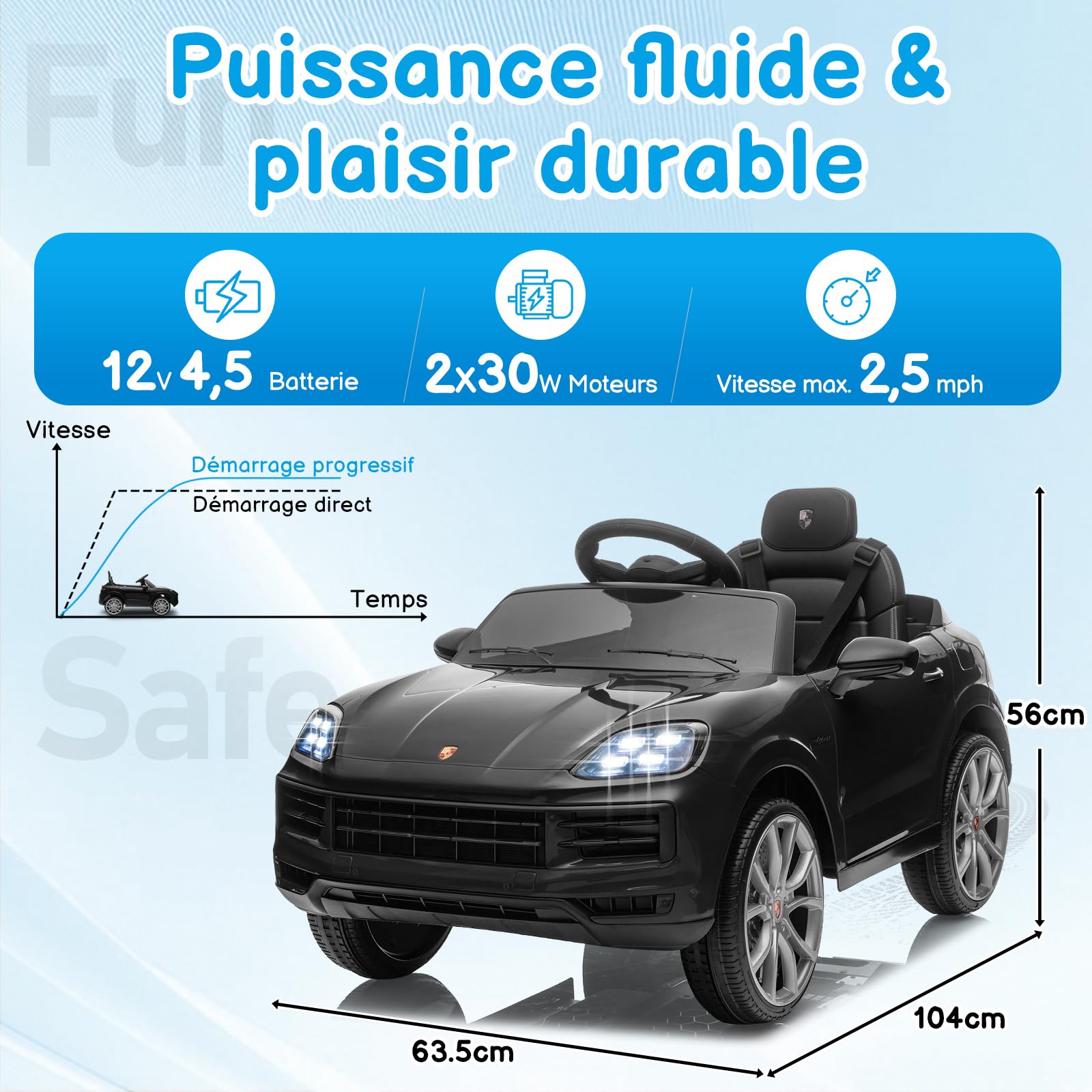 LALAHO Porsche Cayenne Enfant 12V Noir télécommande parentale lumières