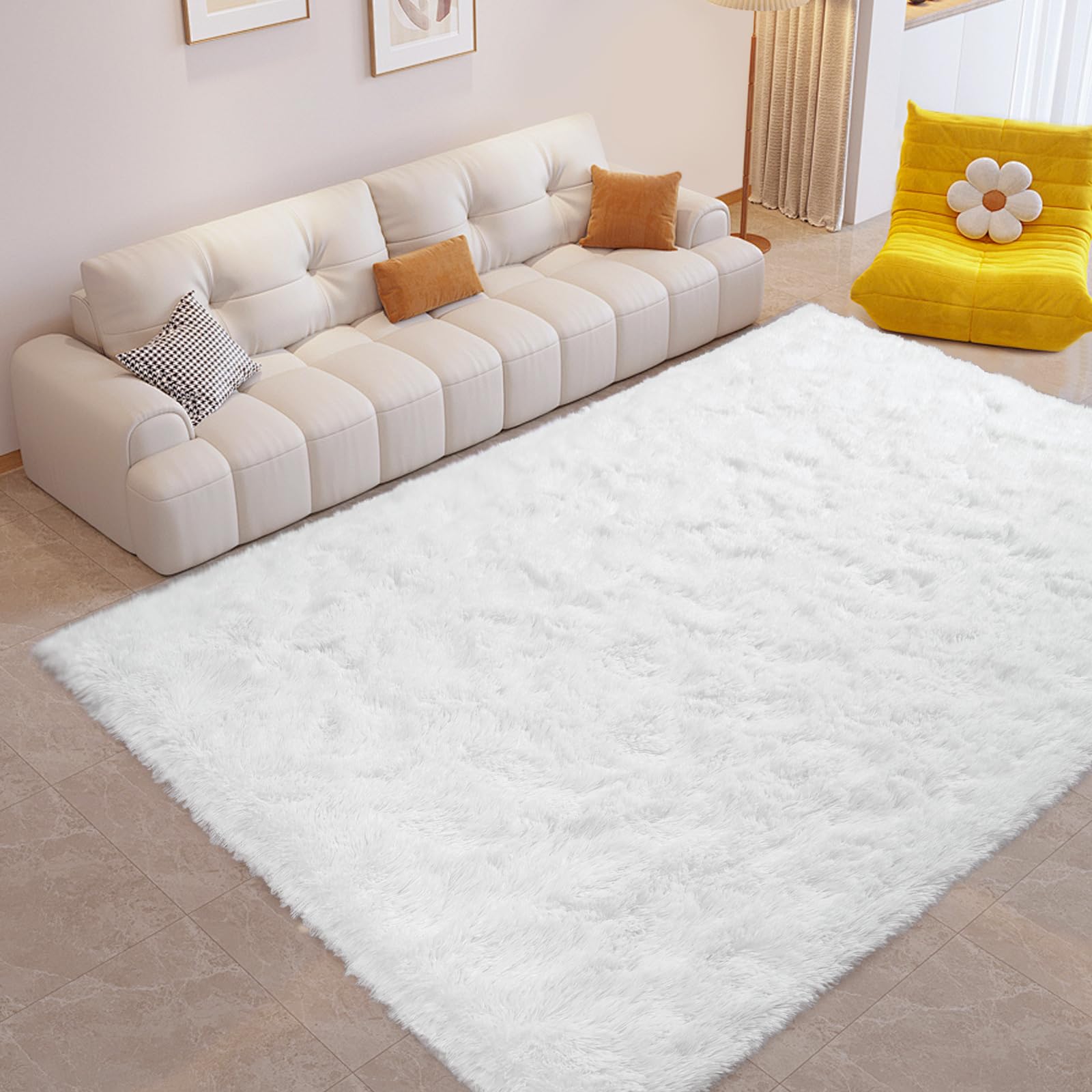 Soft White Rugs for Bedroom Living Room, 4x6 Feet Modern Indoor Fuzzy Shaggy Area Rug, Non-Slip Fluffy Furry Rug for Nursery Kids Room Dorm Room Home Decor, High Pile Plush Floor Carpet