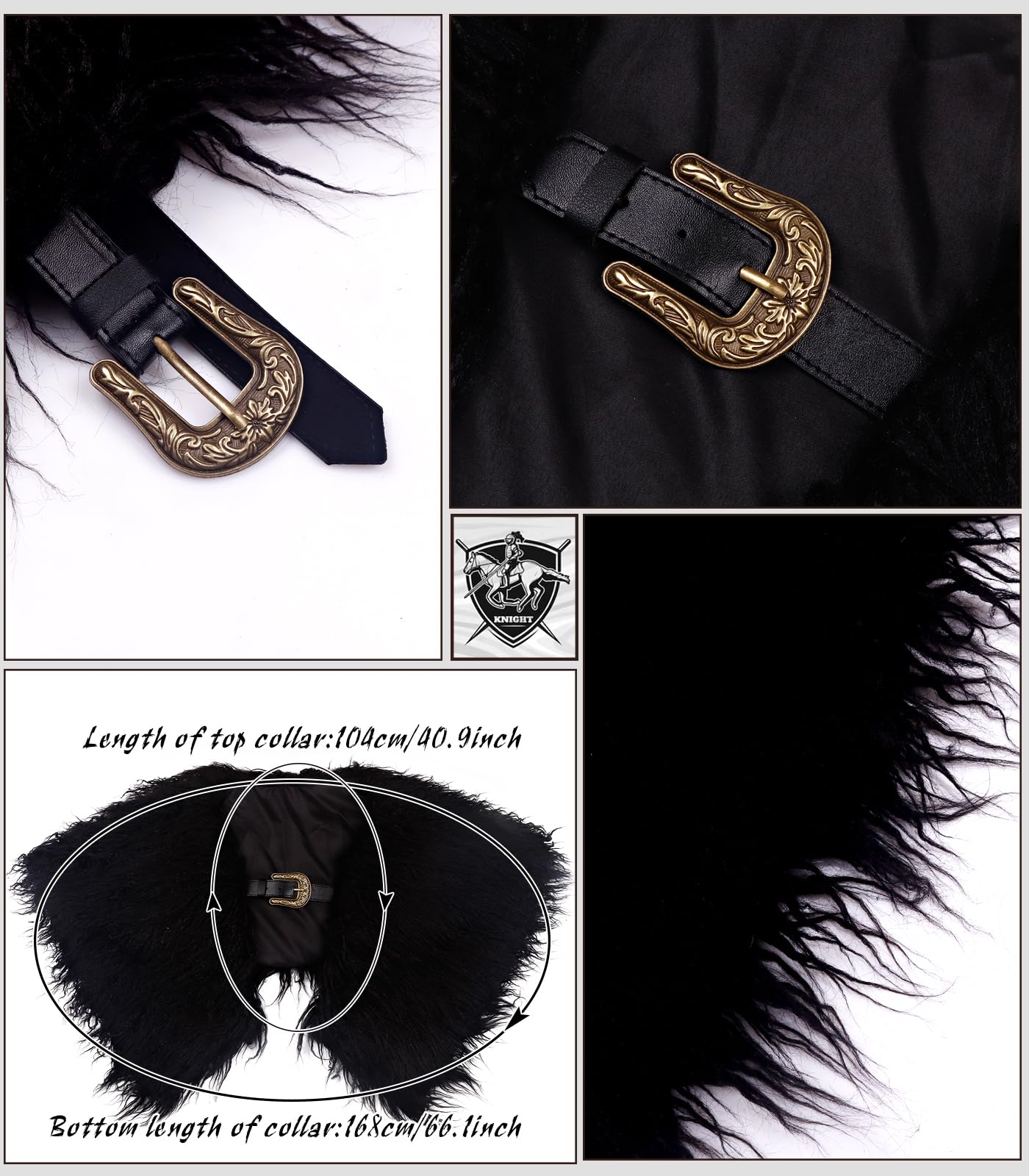 keland Hombres Vikingo Piel de Hombro Collar de Cuello de Piel Sintética Medieval Bufanda Capelet con Cinturón (Y-Negro)