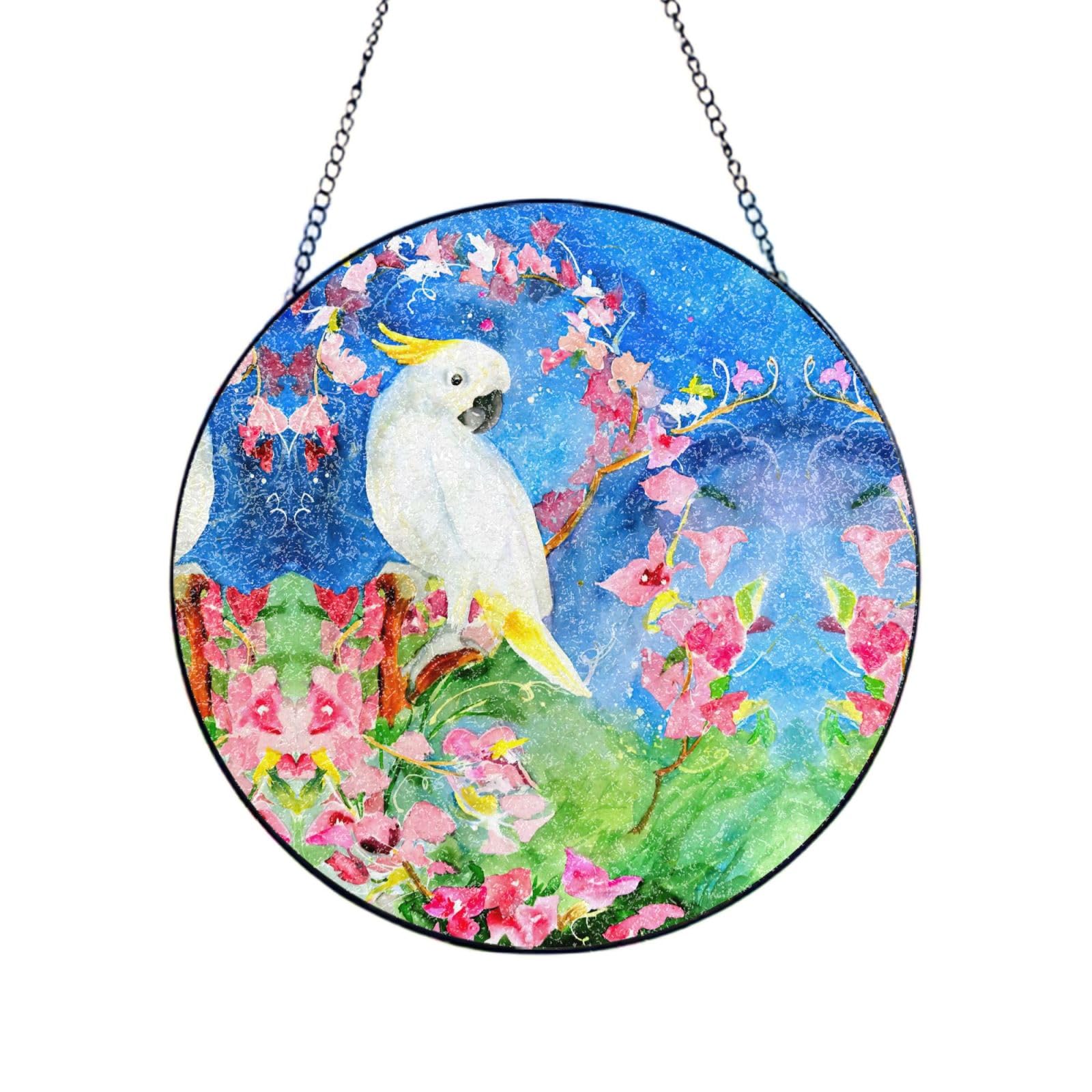 Phayah Beautiful Cockatoo Bird Flower Print Stained Glass Window Hanging Suncatcher For Door Terrace Garden Home Decor Sun Catcher Birthday Gifts For Lovers Dad Mom 4in（10cm）
