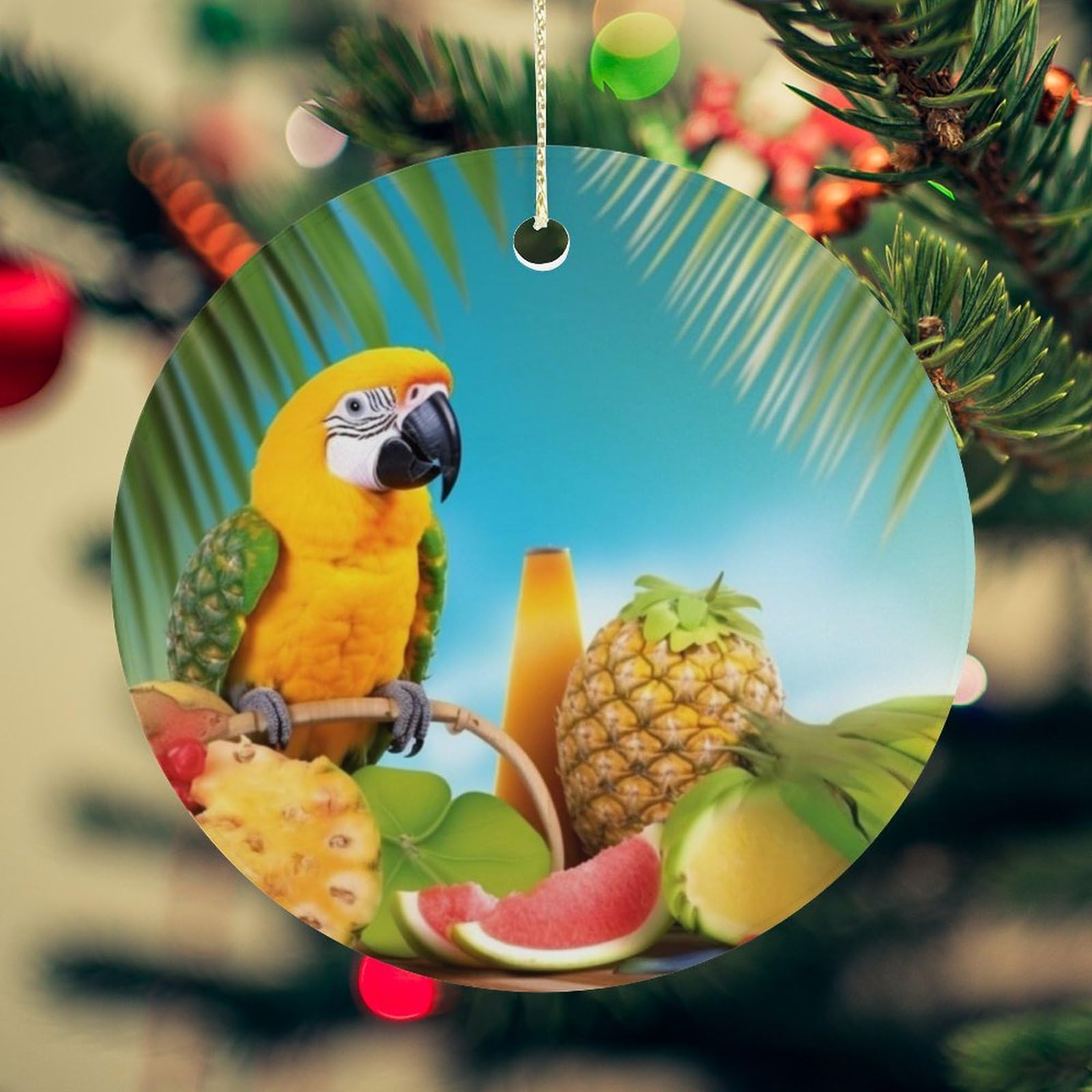 Summer Parrot Pineapple Birds Christmas Ornament for Christmas Tree Ceramic Round Ornament Winter Holiday Keepsake Gift 2.7" Christmas Tree Hanging Decorations Circle Ceramic Pendant Xmas Gift