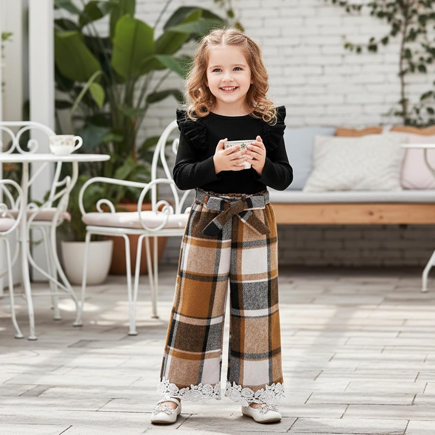 Little Girls Clothes Cute Toddler Fall Winter Outfits Ruffle Long Sleeves Shirt Plaid Pants Set with Belt 3 Pcs 2-7Y - Image 2