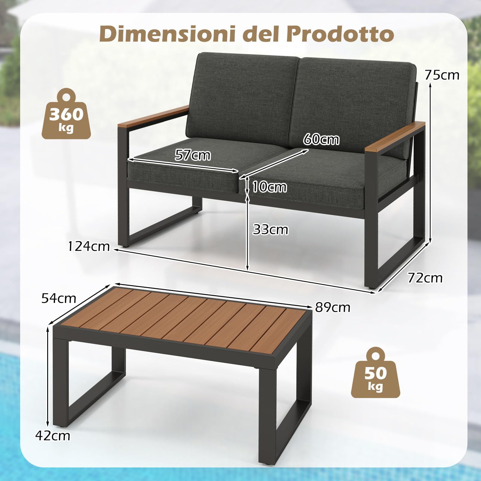 COSTWAY Set da Giardino in Alluminio a 2 Pezzi, Set Tavolino e Poltrona da Giardino, Set da Conversazione da Esterno, Divano Sezionale Imbottito con Tavolino da Caffè, per Cortile Balcone