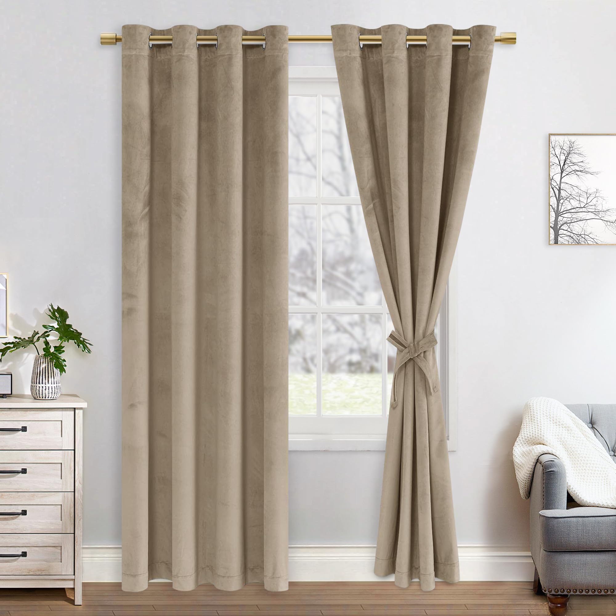 JIUZHEN Juego de 2 cortinas opacas de terciopelo, cortinas opacas suaves de terciopelo, con ojales, para decoración de dormitorio o salón, 140 x 215 cm (ancho x alto), color gris topo Recycled Claim Standard Blended