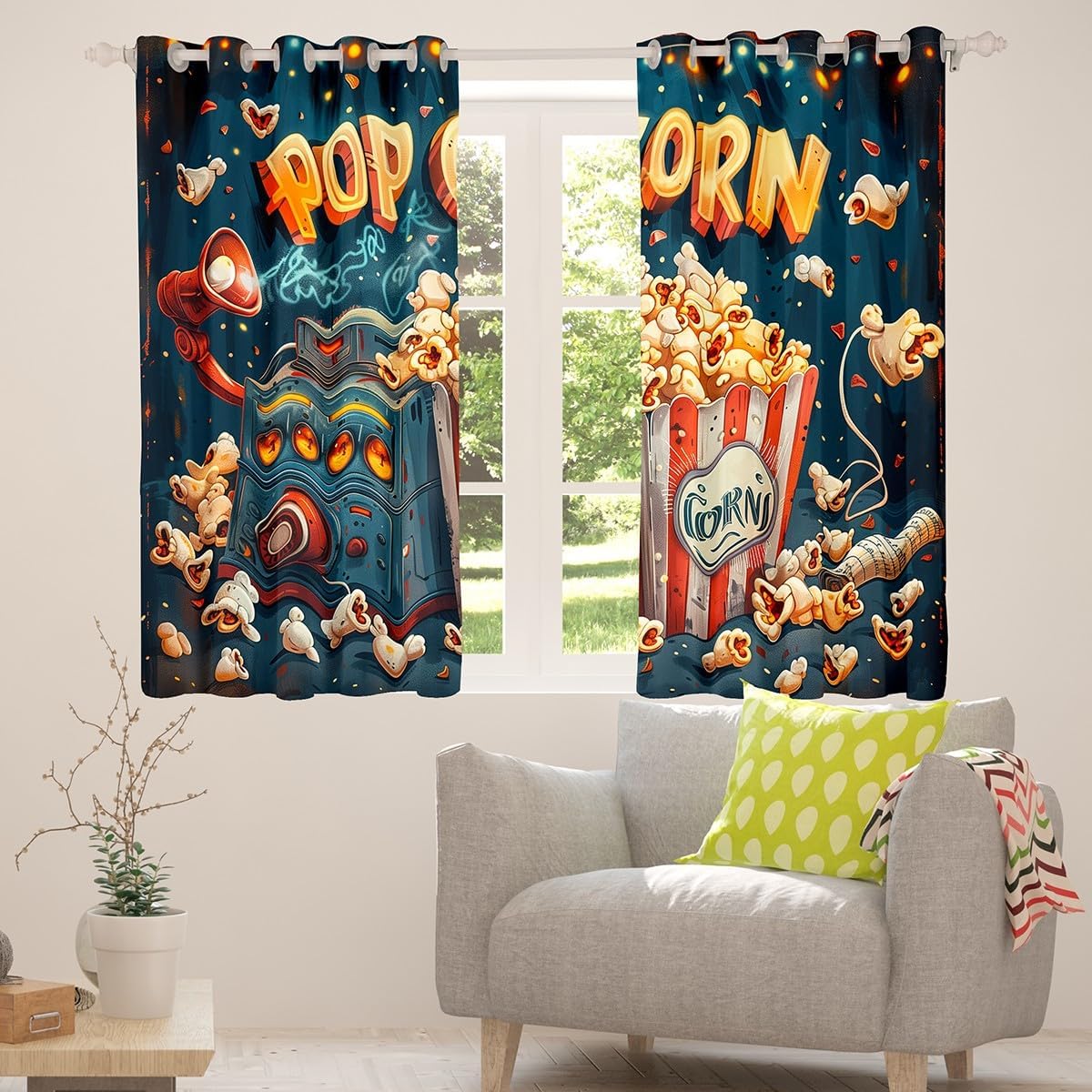 Erosebridal Movie Theme Blackout Curtains Vintage Cinema Style Curtains for Boys Girls Family Home Theater Living Room Bedroom Decor Popcorn Print Window Treatments,2 Panels 38 x 45 Inch
