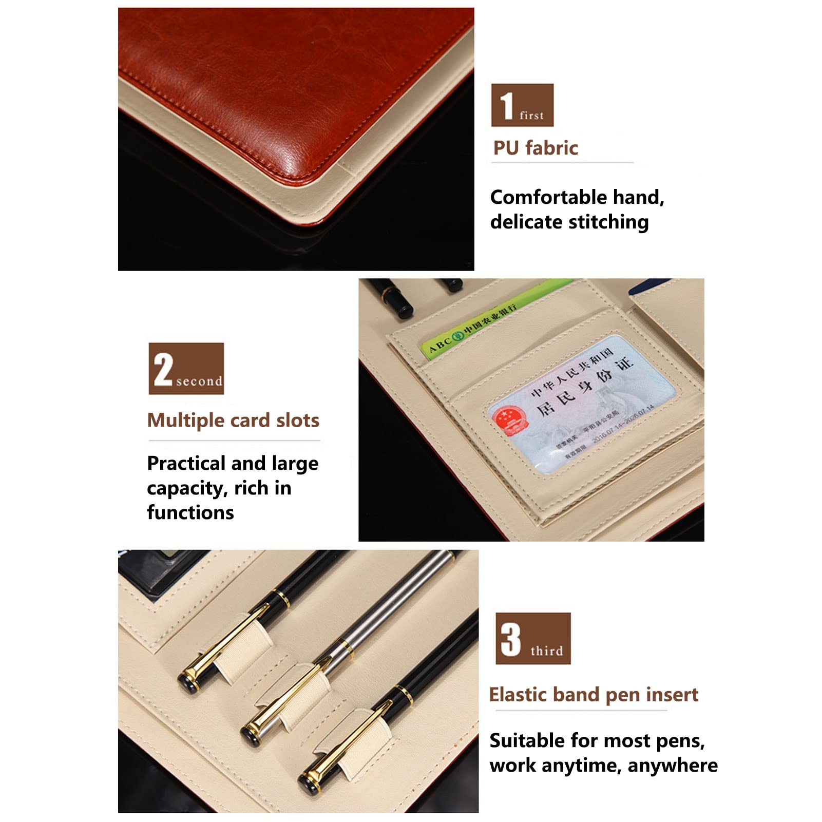 Organizator folderów Padfolio PU Skórzany segregator do teczek A4 Portfolio Padfolio Planer dokumentów biznesowych dla kobiet Mężczyźni Skórzany organizer do teczek z kalkulatorem i pismem odręcznym(B