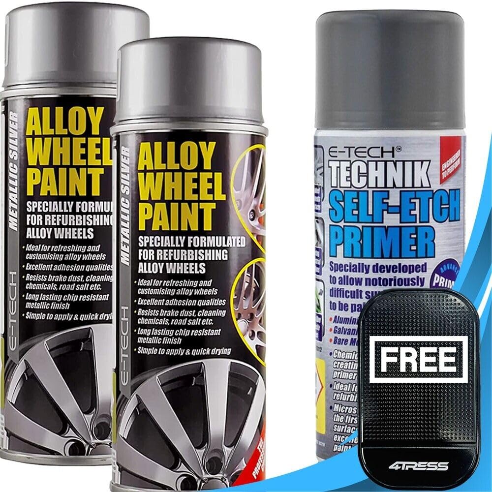 4TRESS E-Tech 2 x 400ml Metallic Silver Alloy Wheel Spray Paint Chip Resistant Wheel Refurbishment, 1 x 400ml Self Etch Grey Primer (Total of 3 Cans) Non Slip Car Dash Mat
