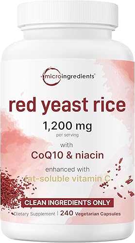 Arroz de levadura roja de 1,200 mg con CoQ10 100 mg, 240 cápsulas vegetales  4 en 1 con niacina libre de rubor y vitamina C soluble en grasa  Apoyo