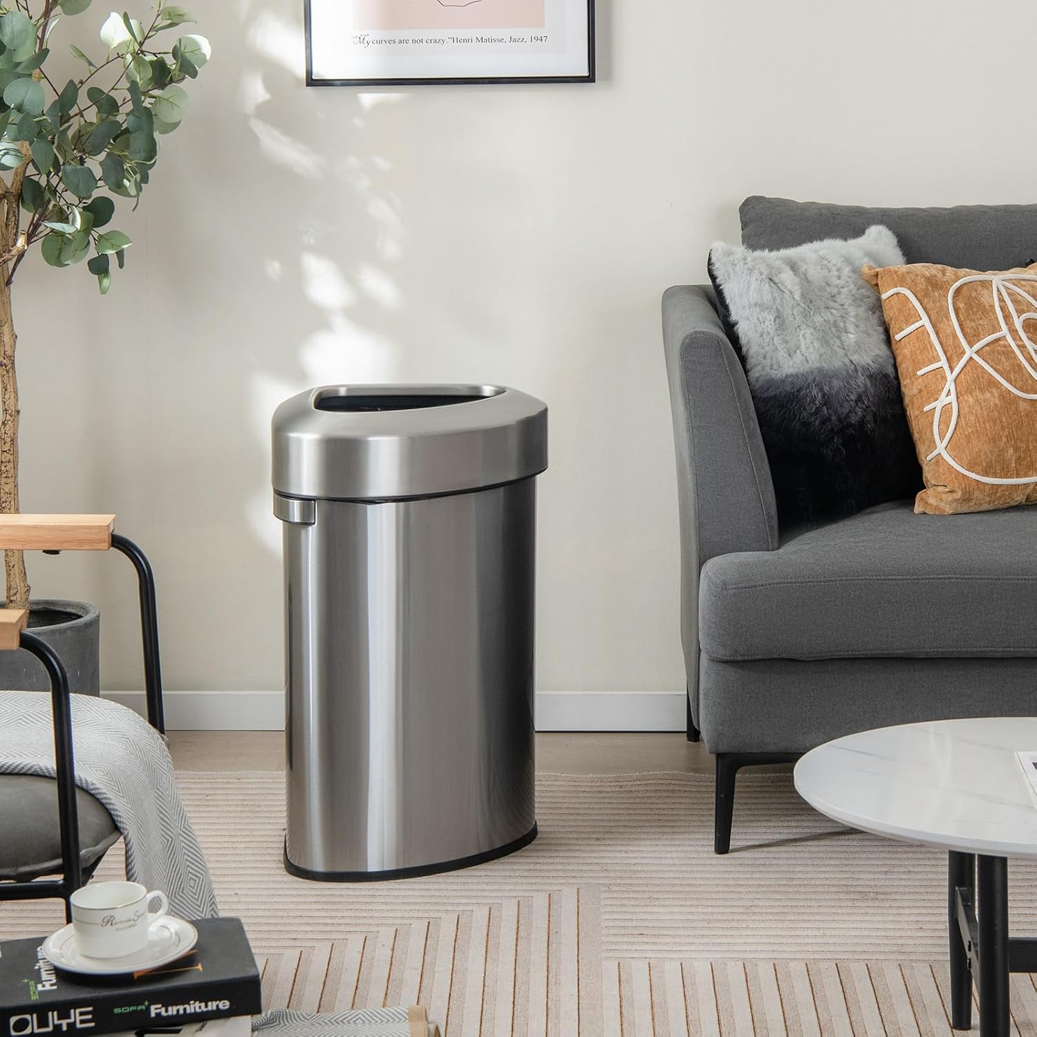 Goplus 16 Gallon/60L Stainless Steel Corner Trash Can, Triangular Rubbish Trash Bin with Lid, Open Top Garbage Can w/Anti-Slip Bottom, Space-Saving Waste Bin for Narrow Space, Kitchen, Living Room
