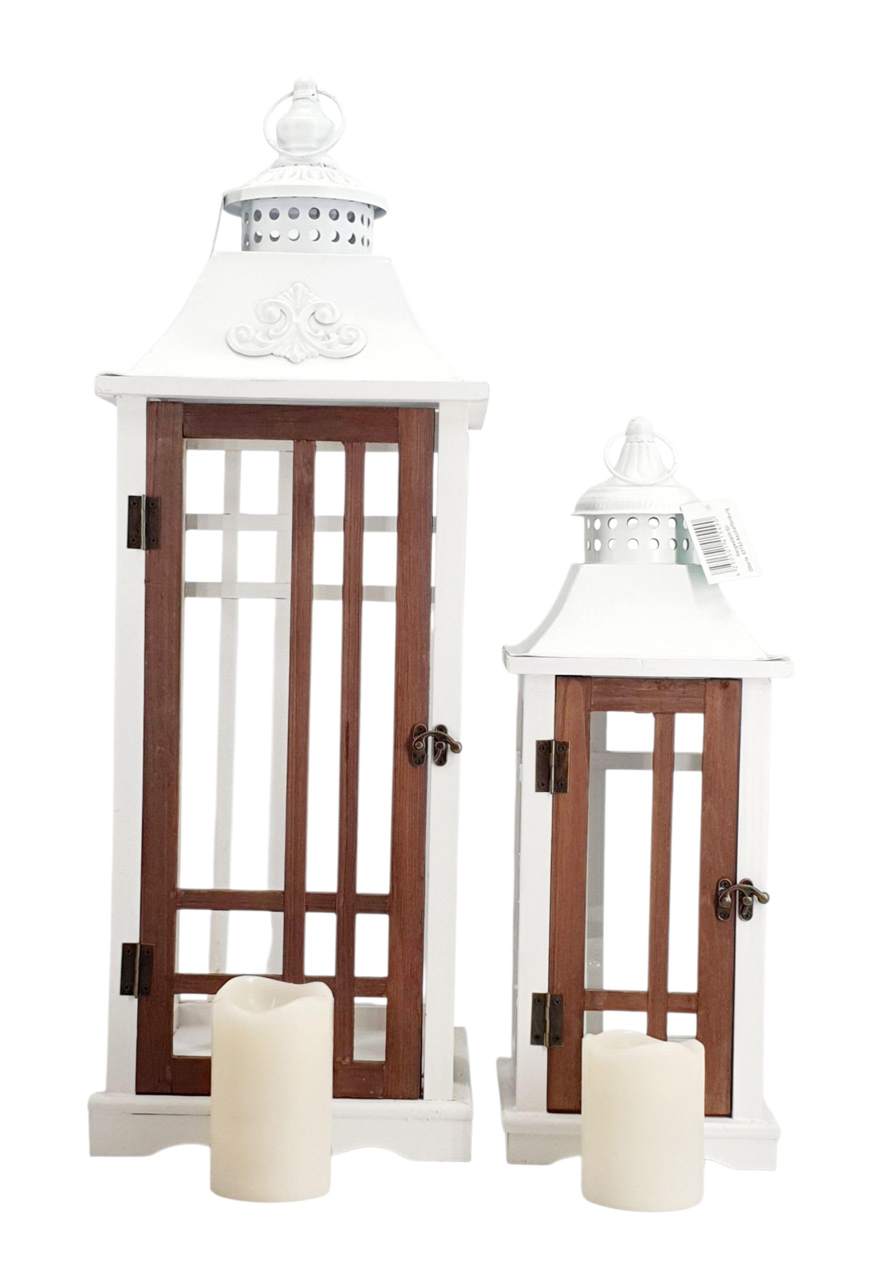2 er-Set Laternen, Windlichter, Holz, Metall, Antik, weiß-braun mit 2 Kerzen - H48/72cm