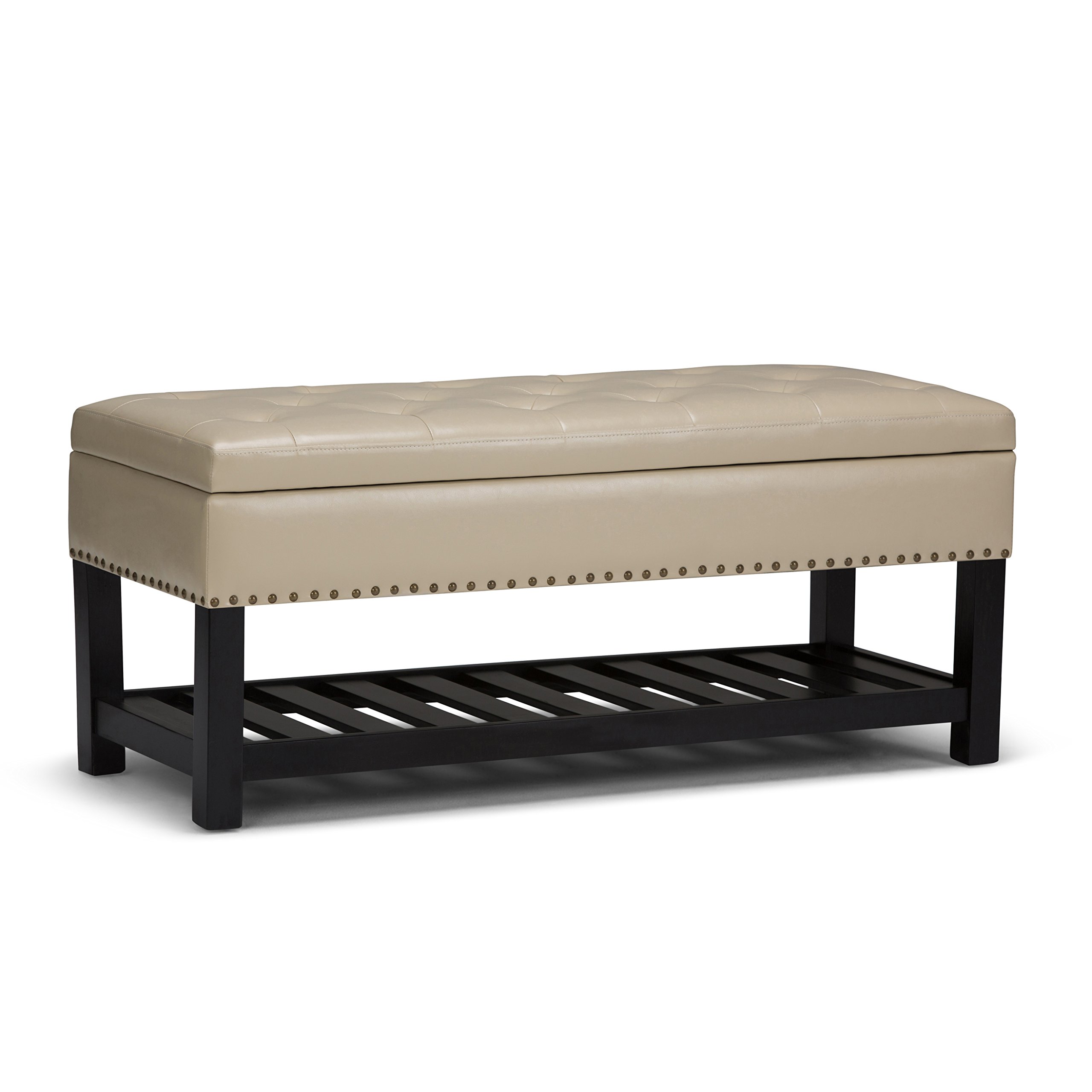 SIMPLIHOME Lomond 43 inch Wide Rectangle Storage Ottoman Bench with Open Bottom and Lift Top in Satin Cream Tufted Footrest Stool, Faux Leather for Living Room, Bedroom, Transitional