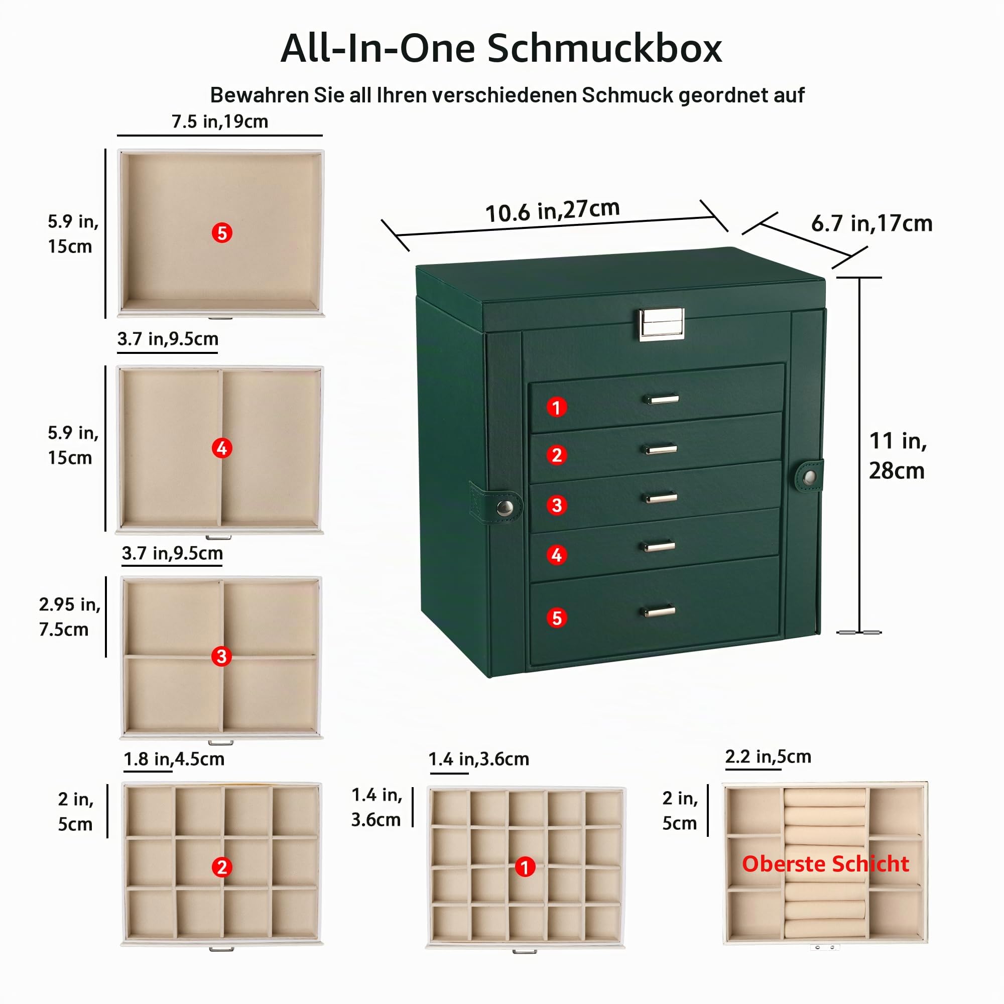 Frebeauty Große Schmuckschatulle, 6-stöckig, PU-Leder, Schmuck-Organizer, multifunktionale Aufbewahrungsbox mit Spiegel, Zubehörhalter mit 5 Schubladen für Halsketten, Armbänder, Uhren (Schwarzgrün)