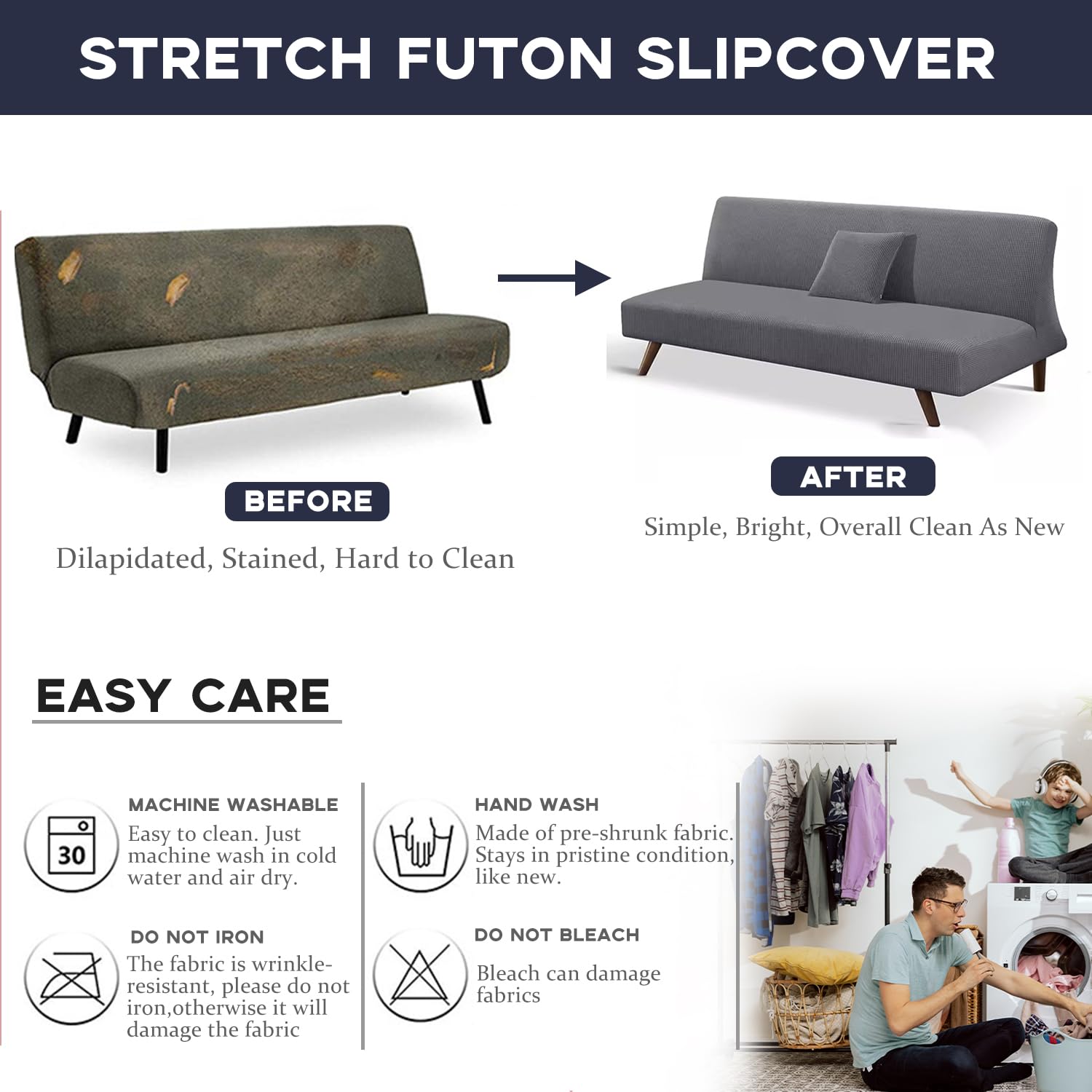 Funda de sofá elástica universal impermeable de 3 plazas, diseño sin reposabrazos, protección antimanchas, duradera y elegante, color azul, ideal para decoración del hogar