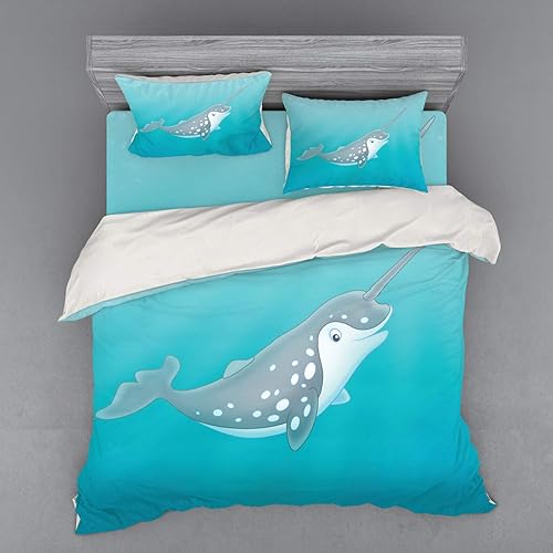 Ambesonne Narwhal Bedding Set, Cartoon Style Drawing of an Arctic Narwhal Whale with White Spots Aquatic, 4 Piece Duvet Cover Set with Shams and