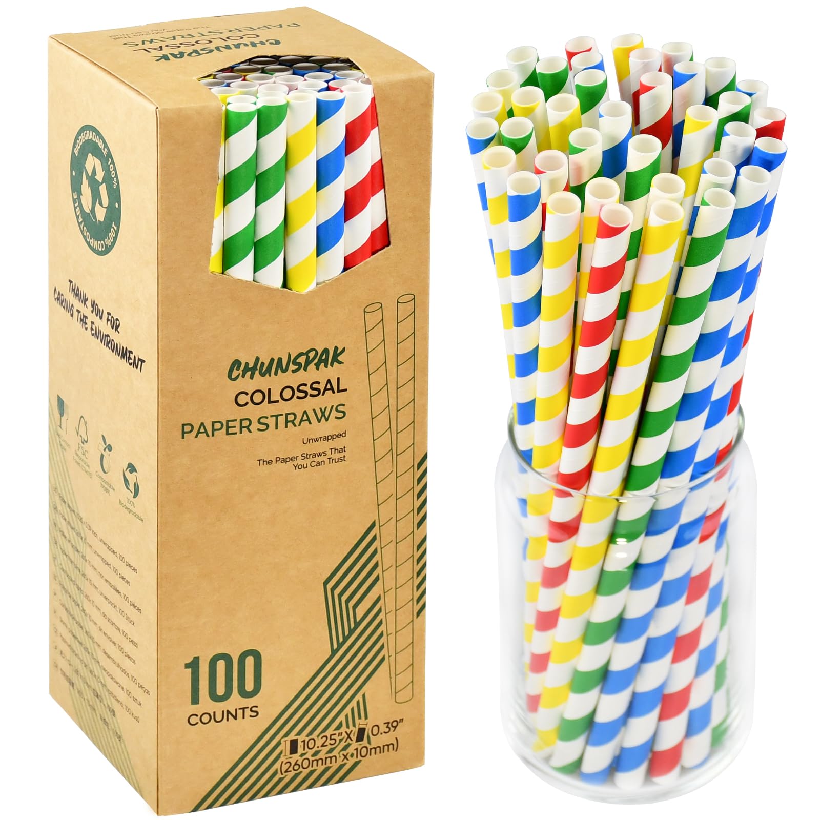 Photo 1 of [10MM Wide] 10.25 Inch Extra Long Fat Sturdy Paper Drinking Straws for Smoothies, Milkshakes, Thick Frozen Drinks - 100 Counts, Colorful Stripes - Biodegradable