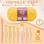 LUNARM Chenille Velvet Yarn, Soft Chunky Blanket Yarn for Crocheting 3*100g | Include 12pcs Big Eye Needles, 10pcs Stitch Markers for Hand Knitting Scarves, Clothes, Machine Washable-Yellow