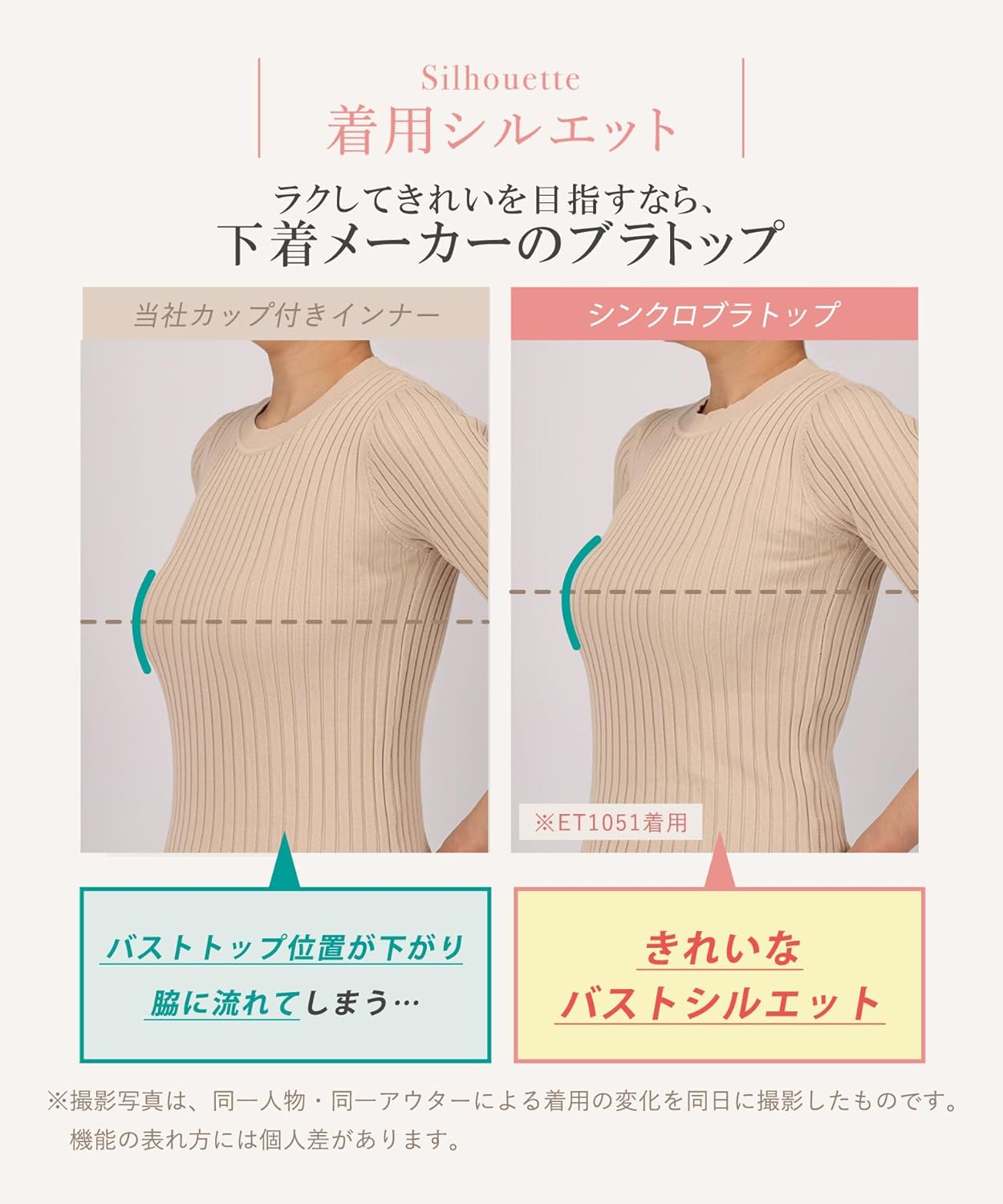 [ウイング/ワコール] カップ付きキャミソール ラク きれいなバストシルエット 【シンクロブラトップ 吸汗速乾タイプ】 ブラトップ 大きいサイズ ET1051 ET1052