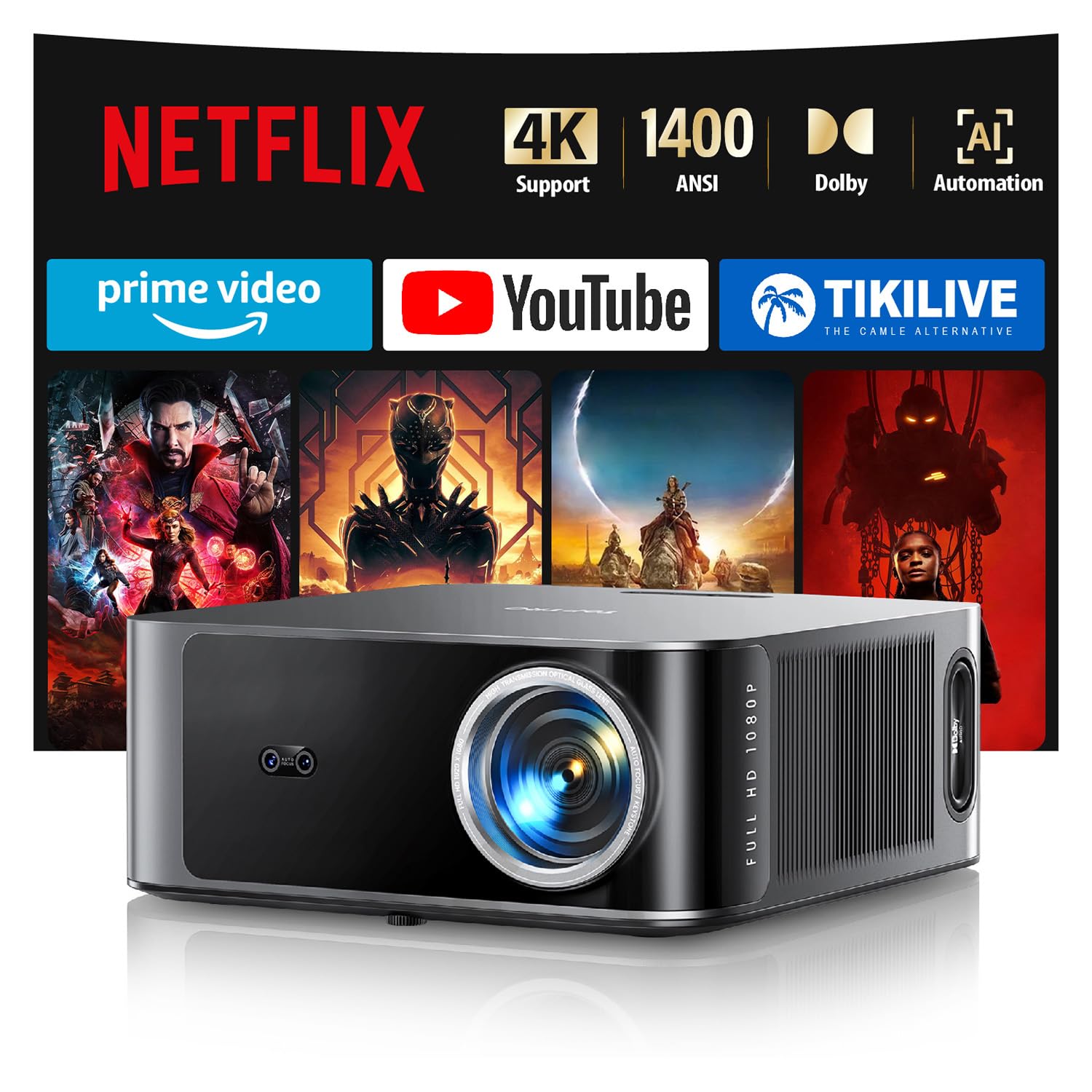 Proyector【1400 ANSI/Netflix Oficial/36W Dolby】 Smart Proyector 4K AI Auto Focus/Keystone, TOPTROProyector 1080P Full HD Nativo WiFi 6 Bluetooth 5.2 Zoom 50% Cine en Casa/Exterior para Movil/PS5/USB