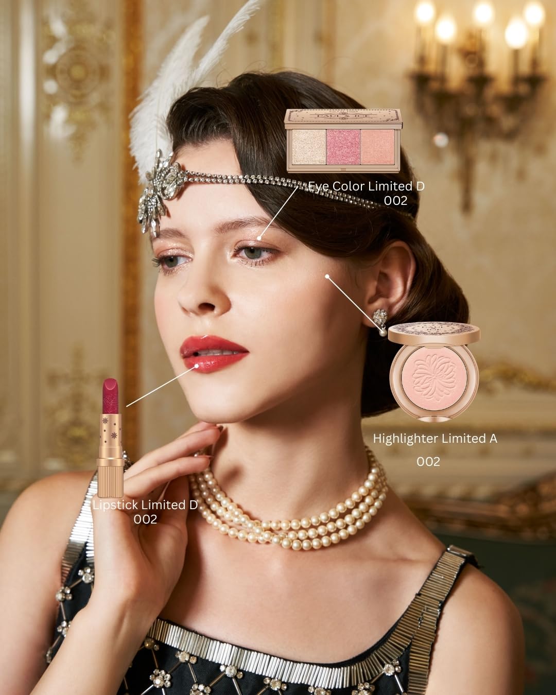 Paul & Joe Makeup Collection 002 Headpiece, Holiday Gift Set with Eyeshadow Trio - Rose Palette, Lipstick, Highlighter & Pouch, Inspired by 1920s Glamour