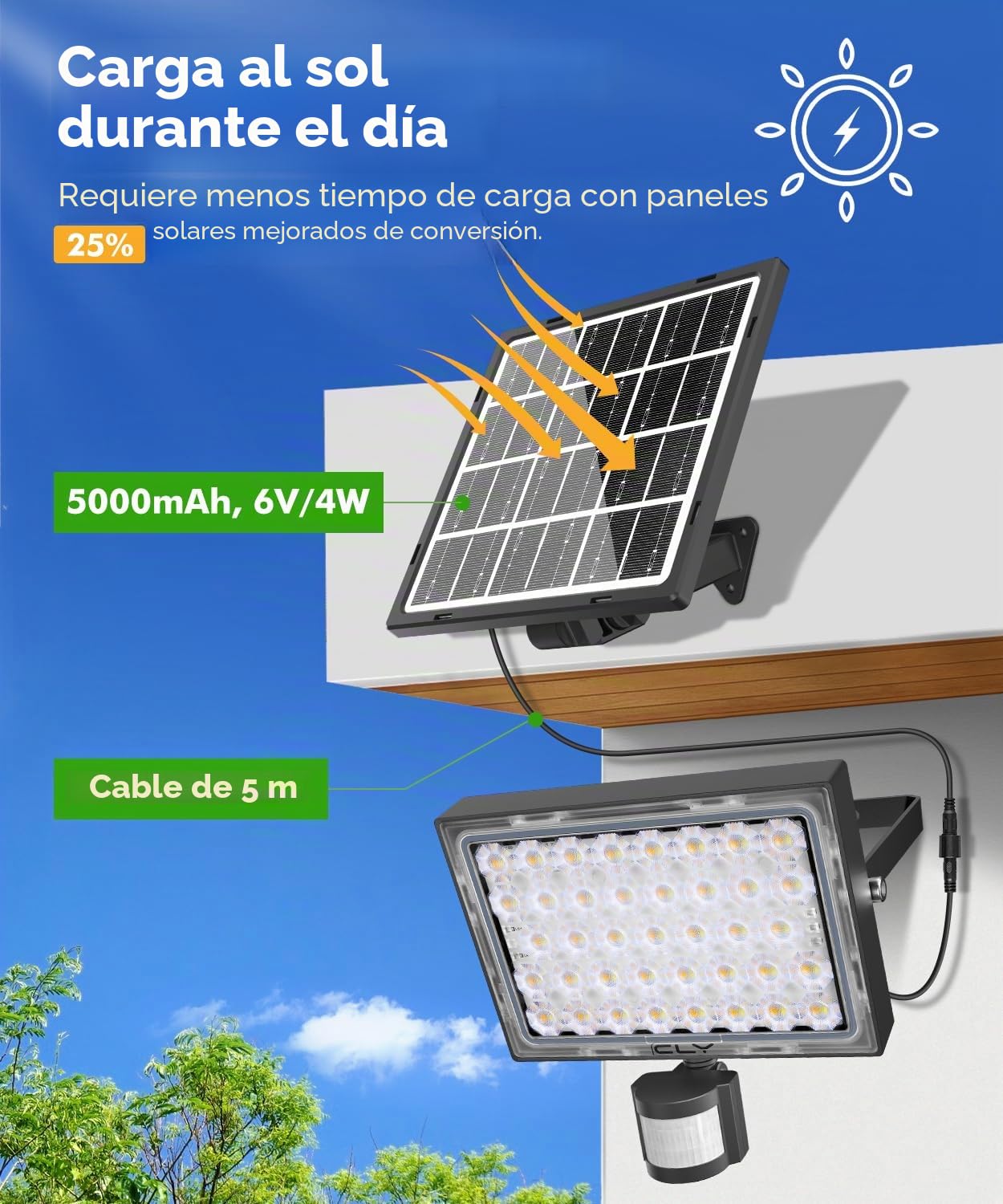 CLY Focos Led Exterior Solares 30W 2600LM Luz Solar Exterior 2500K-6500K | Con Sensor De Movimiento 5000mAh 6 Modos Luces Solares Led Exterior Jardin IP66 Impermeable Lampara Solar Exterior Cable 5M