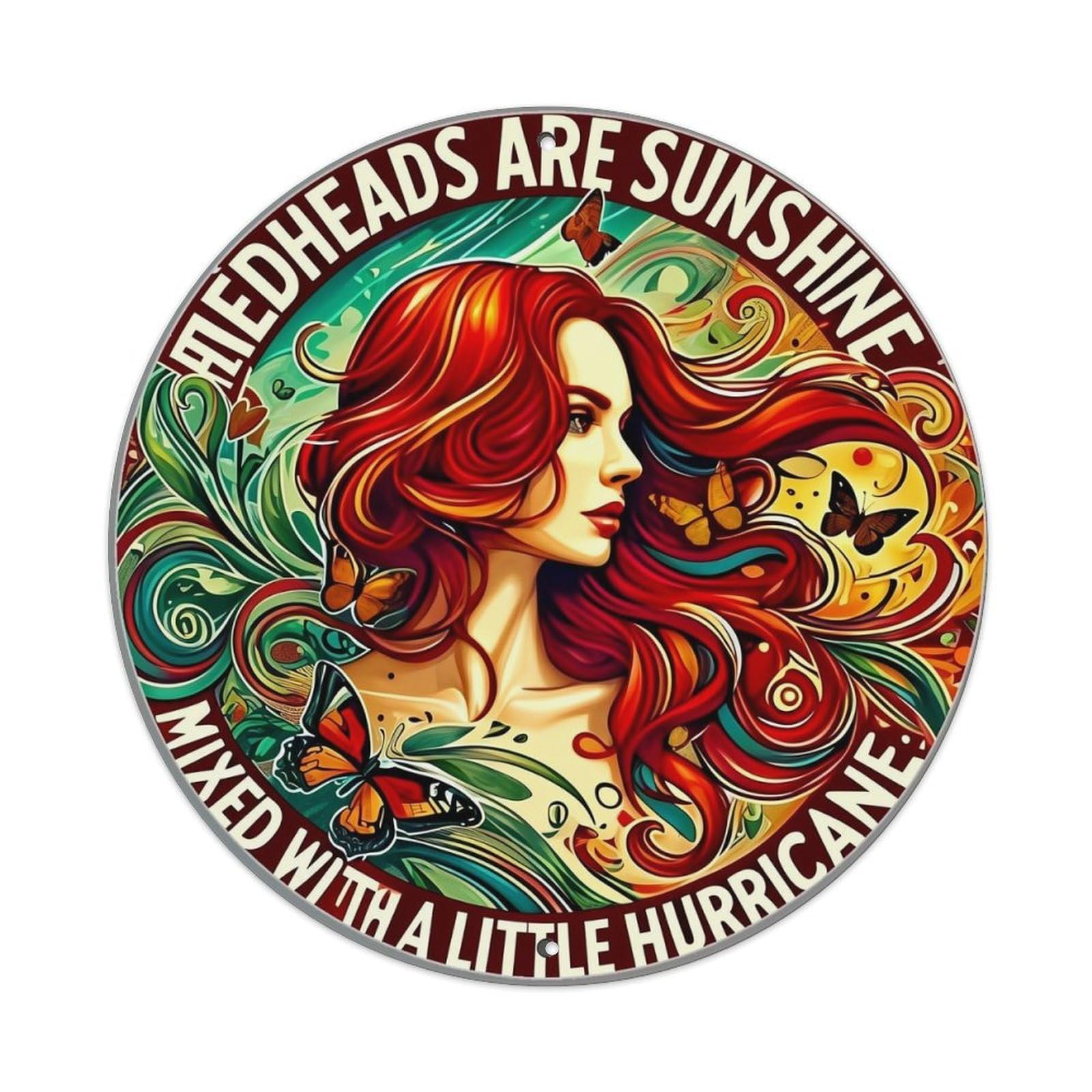 Jdyaojiesheng Vintage Red Hair Butterflies Swirls Colorful Art Round Tin Sign Retro Metal Wall Decor Metal Poster, Home Bar Garage Farmhouse Cafe Wall Art Decoration 8X8inch