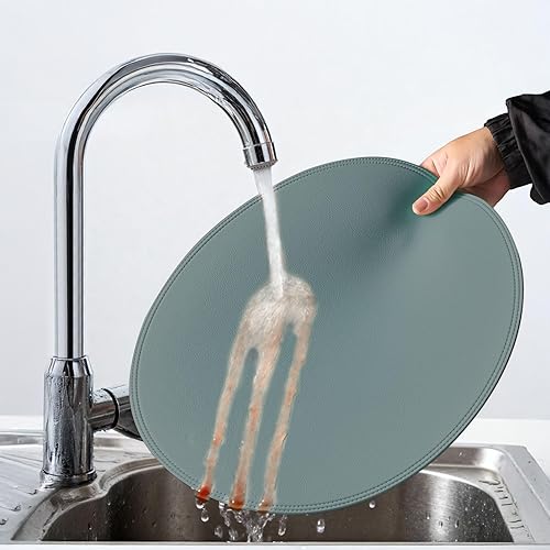 Miniatura 7 de Juego de 6 manteles individuales redondos de vinil azul, impermeables, lavables, de piel sintética, resistentes al calor, para mesa, aptos para Azul