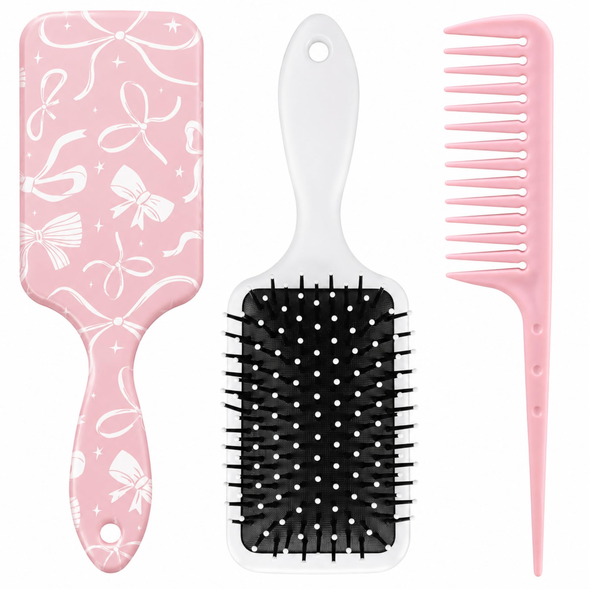 Weysat Coquette - Juego de cepillo para el pelo y peine de cola desenredante rosa, estampado de lazo, antiestático, cojín de aire, peine de dientes anchos para mujeres y hombres, desenreda todo el