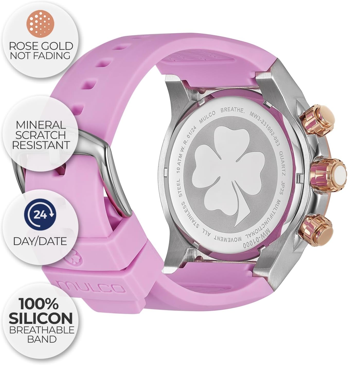 MULCO Watches for Women - Breathe, Stainless Steel Case with Wrist Silicone Band, Quartz Multifunctional Movement, Large Face Analog Display with Mother of Pearl and Rose Gold, Waterproof