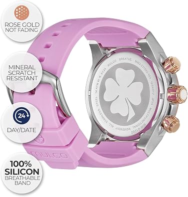 MULCO Watches for Women - Breathe, Stainless Steel Case with Wrist Silicone Band, Quartz Multifunctional Movement, Large Face Analog Display with Mother of Pearl and Rose Gold, Waterproof