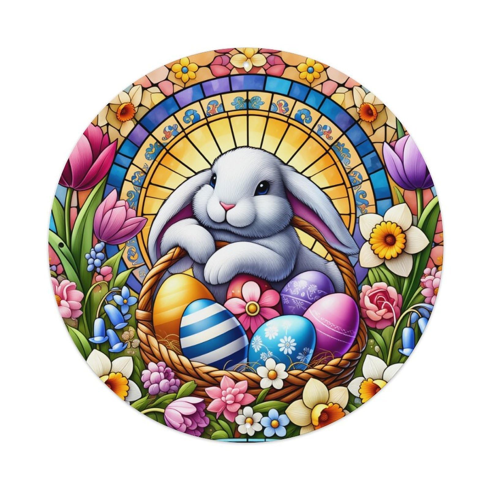 Easter Bunny Basket Flowers Eggs Round Tin Sign Vintage Metal Poster, Home Bar Garage Man Cave Cafe Indoor & Outdoor Wall Decoration 8x8Inches