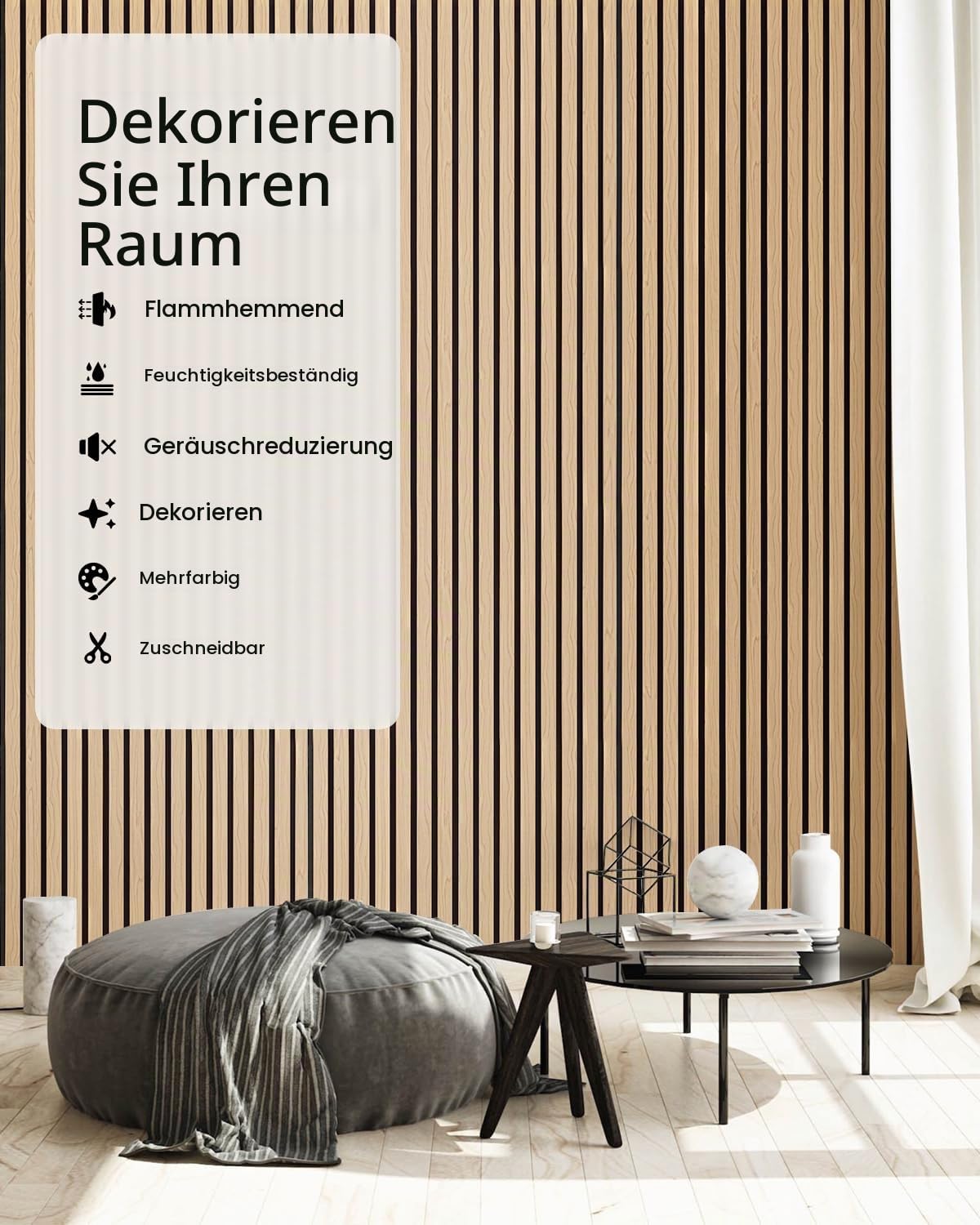 Soundsbay Akustikpaneele Holz Lamellenwand 2 Stück Helle Eiche 240x32cm | Holzfunier und Filz Wand, Moderne, Eichenfarbe, Wandpaneele, Schallschutzplatten, Wandverkleidung innen, Schallschutz