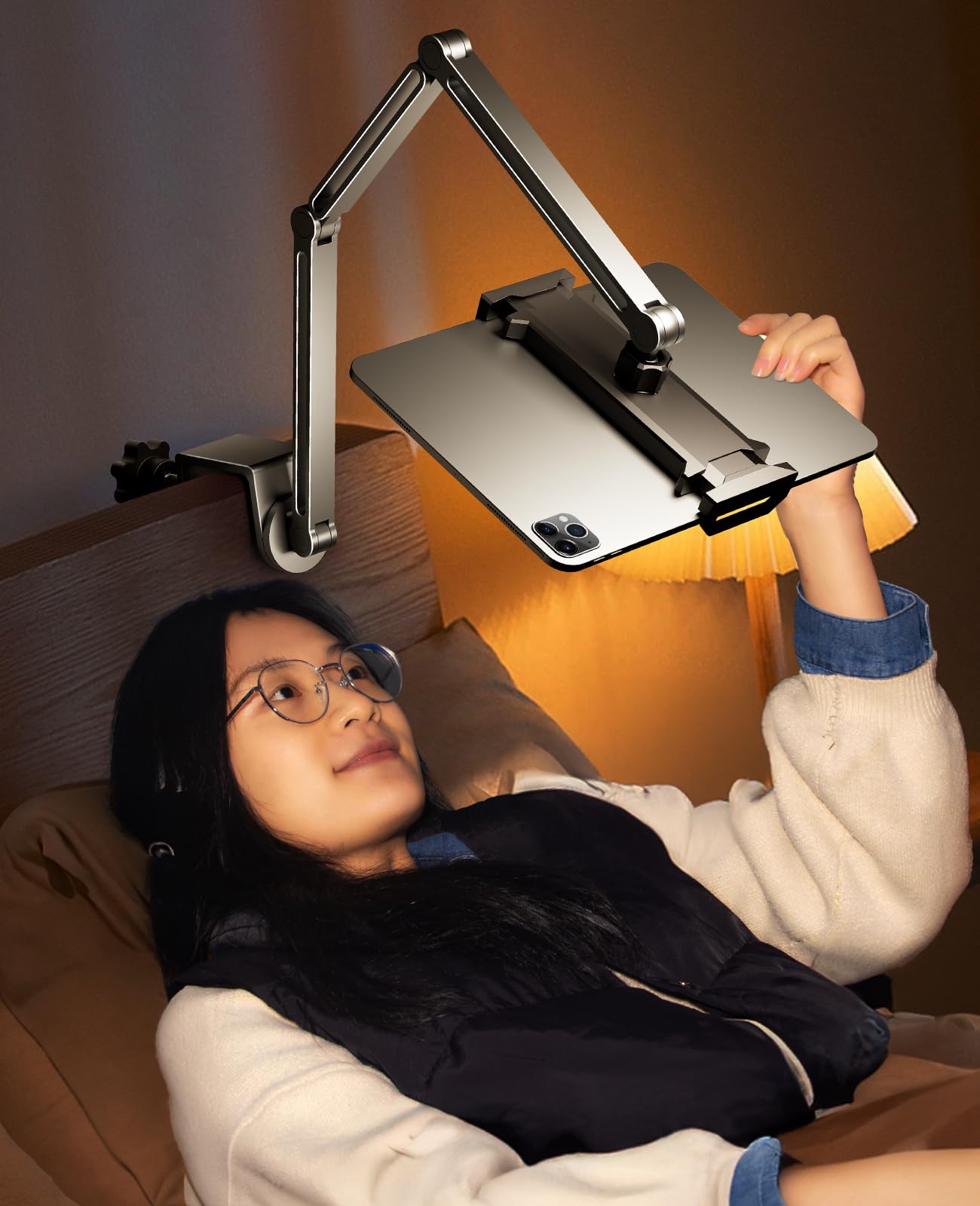 YICOSUN Robuste 3-teilige Tablet-Armhalterung, Luftfahrt-Aluminium, 360°-Dämpfungsklemme, super griffige C-Klemme für 4-15,6 Zoll iPad, Tablet, Handy, tragbarer Monitor, E-Reader, Schreibtisch, Bett