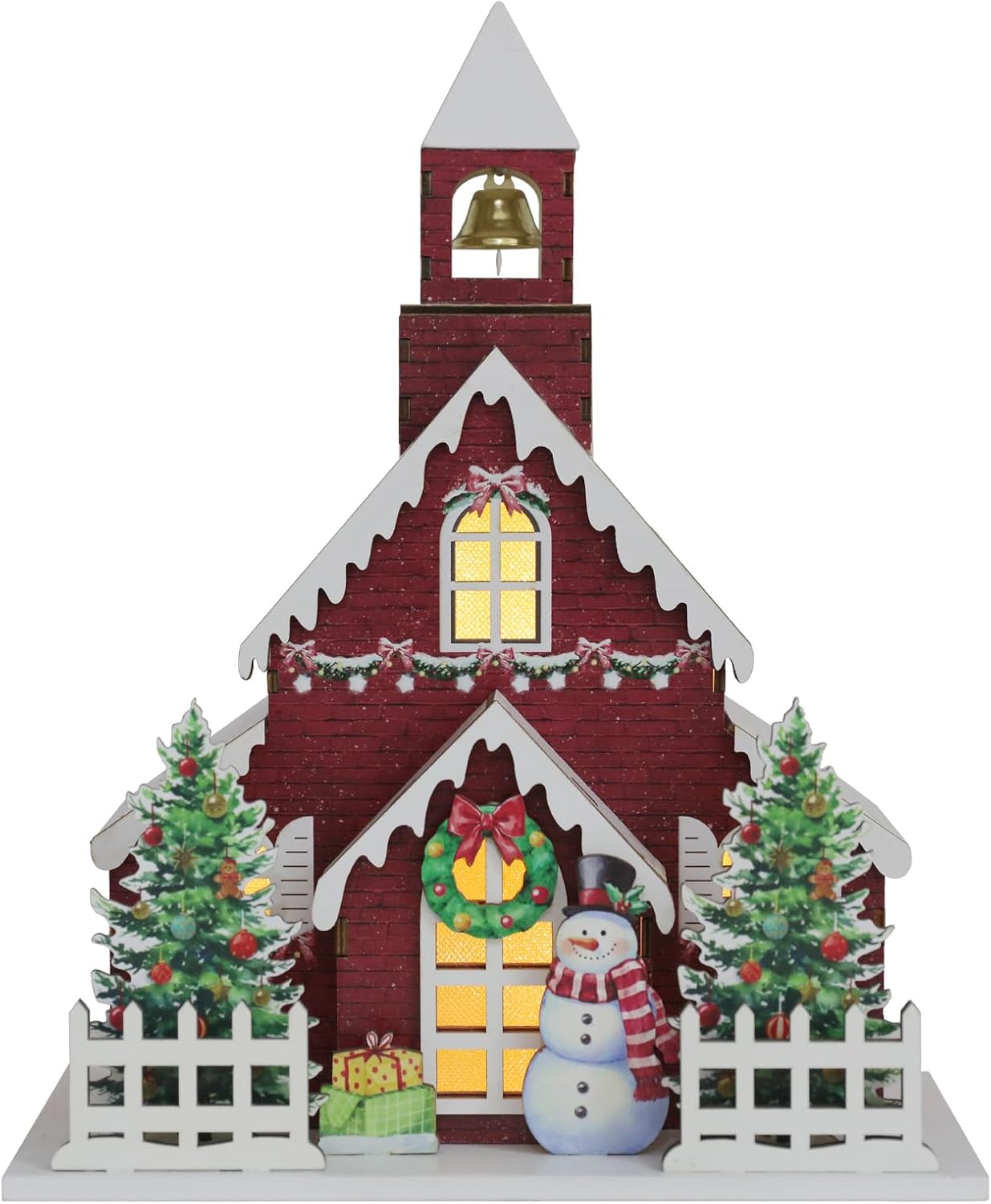 Wooden Lighted Christmas Church Decor-11.8" Xmas Village Chapel with Bell Tower, LED Lights, Snowman-Battery Operated Rustic Farmhouse Tabletop Centerpiece for Mantel Holiday Home Decor