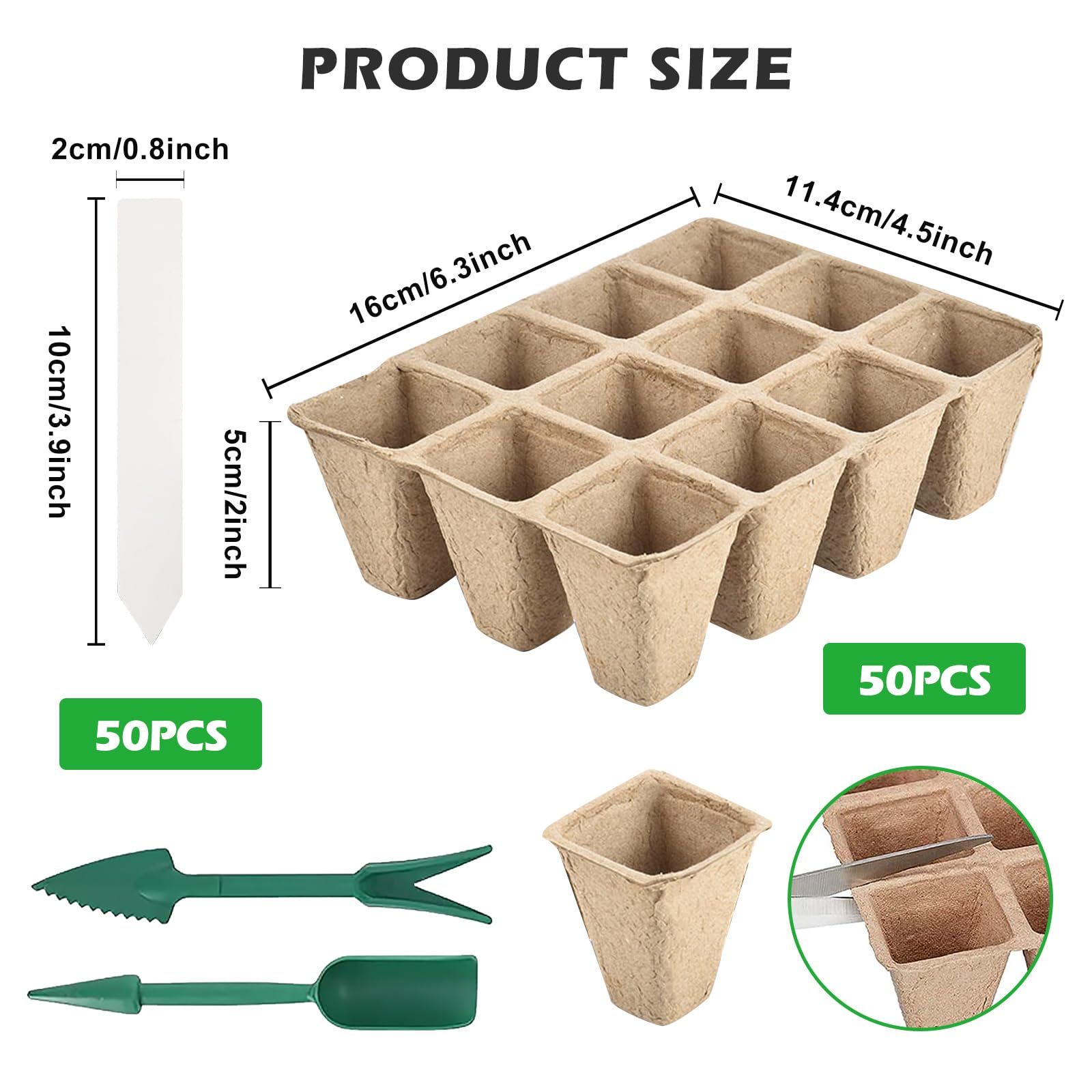 PORFOYO Lot de 50 pots de culture, 600 cellules, biodégradables, en carton, sans tourbe, avec 50 étiquettes et outils