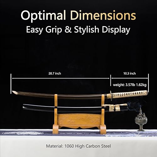 Vista 13 de Traditional Japanese Katana Full Tang Clay Tempering 1060 High Carbon Steel, Samurai Sword for Display & Collection White,Negro