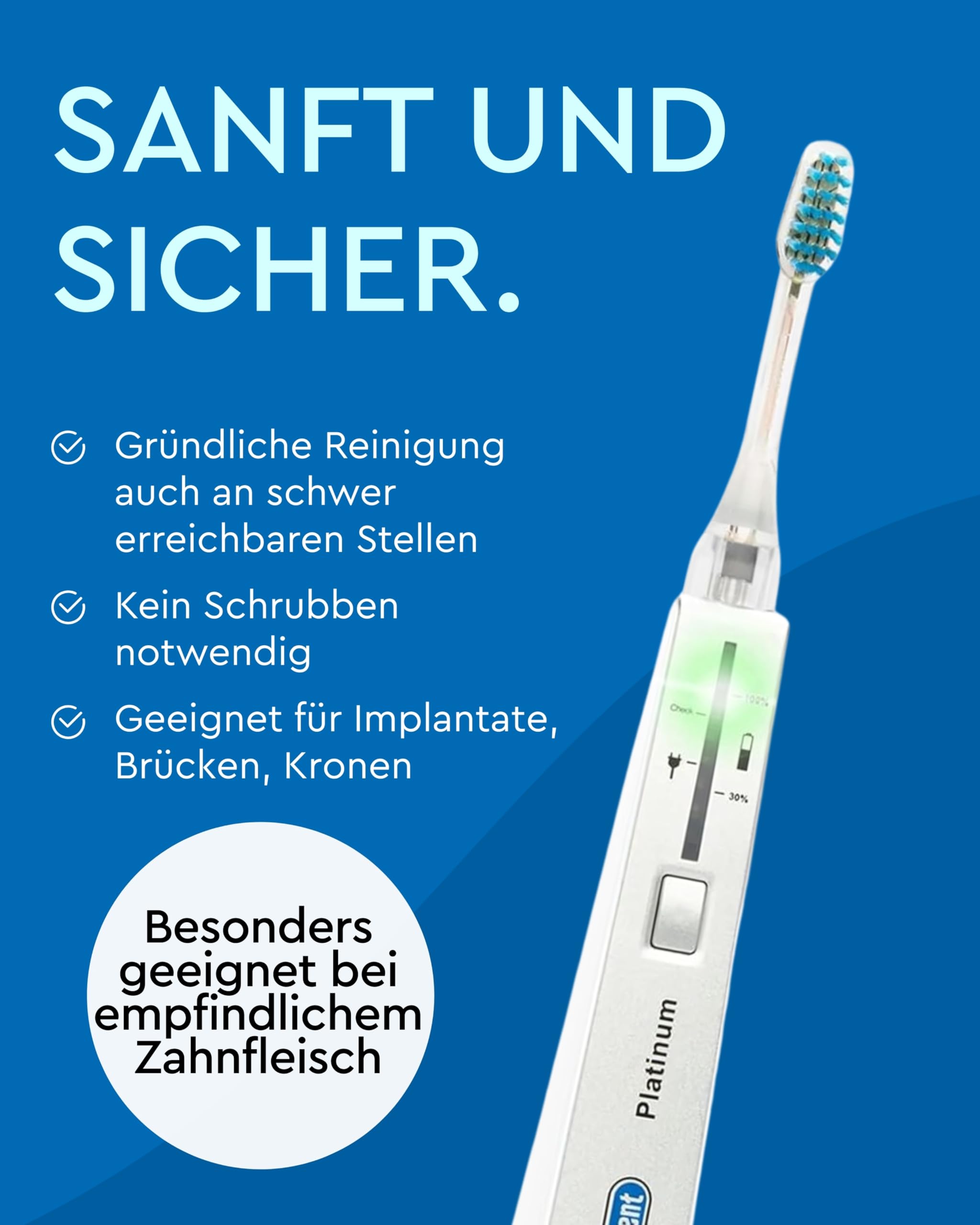 emmi-DENT Ultraschall Zahnbürste I Platinum Starter Set in Blau I inkl. Handteil, Ladestation, 2x Aufsatz & Zahnpasta I Plaque- & Zahnsteinreduzierung I Sanfte Reinigung ohne Bürstenbewegung
