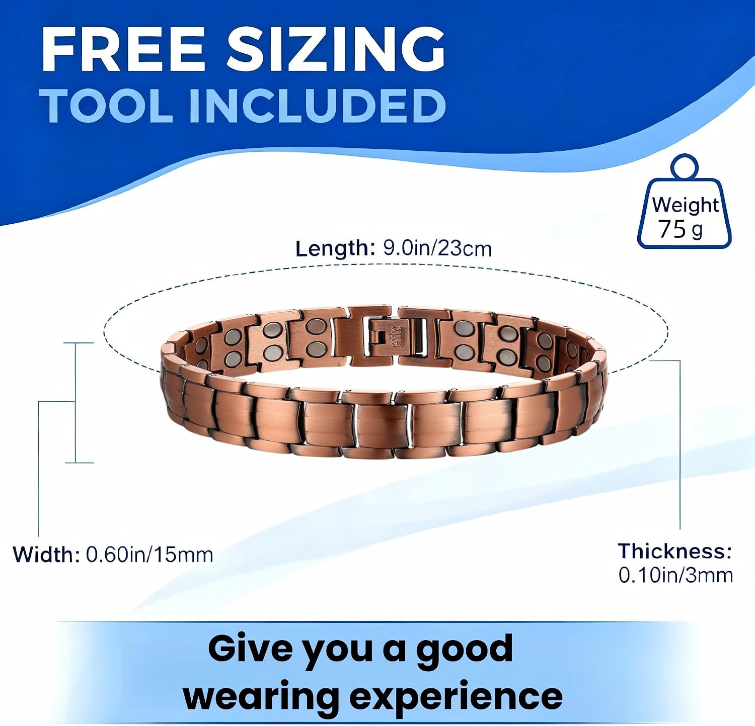 Magnetic Copper Bracelet for Women & Men (Unisex) – 99% Pure Solid Copper with 46 Magnets, Adjustable Wide-Link Design to Boost Circulation & Alleviate Fatigue (Copper)