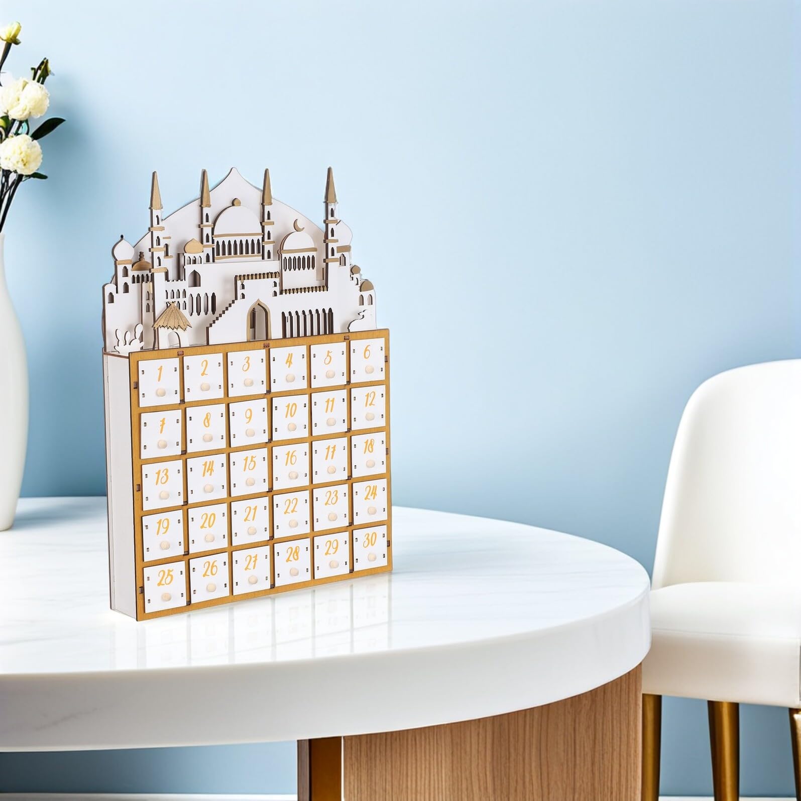 Tofficu Eid und Ramadan Holz Adventskalender mit 30 Schubladen LED Beleuchtet Countdown Kalender für Muslimische Ramadan Feier und Festliche Dekoration