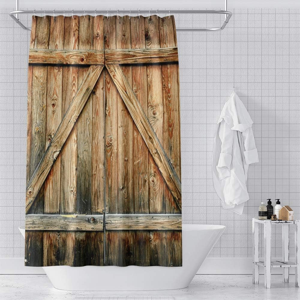 OERJU Wooden Doors Shower Curtain Vintage Old Rustic Grey Wooden Barn Door Bath Curtain Waterproof Polyester Fabric Bathroom Decor Set with Hooks 72x96inch