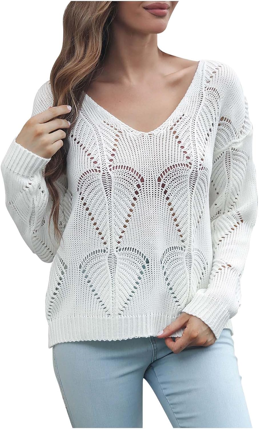 Womens Fall Sweaters Long Sleeve V Neck Crochet Hollow Out Lightweight Casual Tops Pullover Solid Fashion Blouses