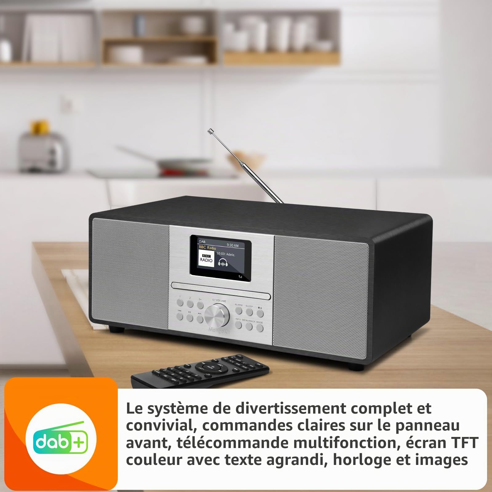 MS4 Lecteur CD Radio Dab Chaîne HiFi I Bluetooth I Puissante Chaîne Stéréo I Radio Numérique Dab+I Meuble en Bois Acoustique Lecteur CD avec Haut-parleurs, Prise Casque I Noir Métallique