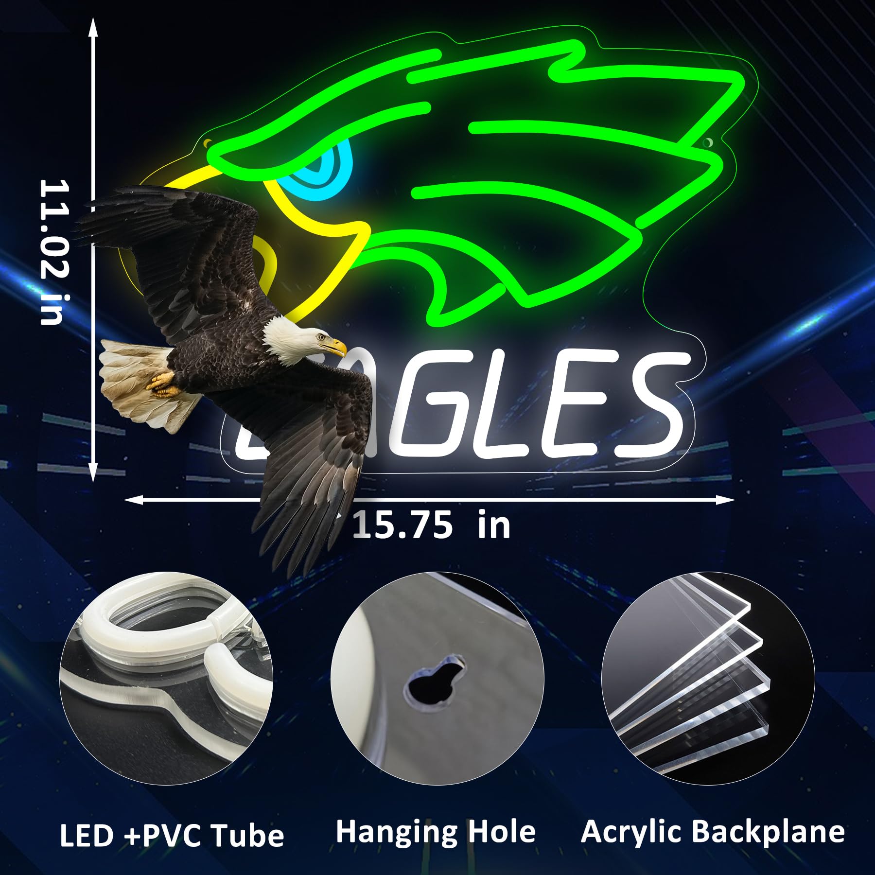 Letreros de neón de águila con luces LED verdes de fútbol para decoración de pared, alimentado por USB, equipo deportivo, letrero de luz de pared para hombre, cueva, cerveza, bar, pub, niños y