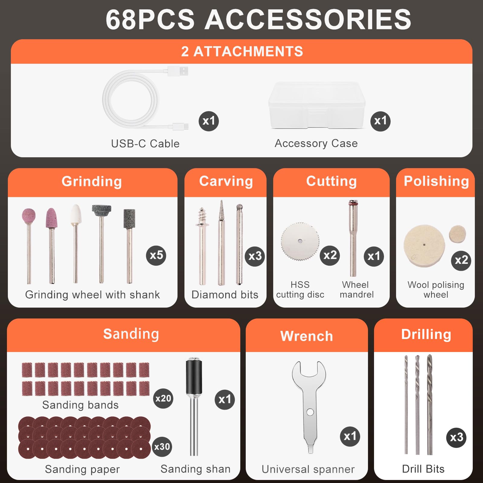 Utensile rotante senza fili, kit smerigliatrice con display a 6 velocità, pinza universale e luce LED frontale, 68 accessori Utensile artistico per incisione, levigatura, lucidatura, foratura